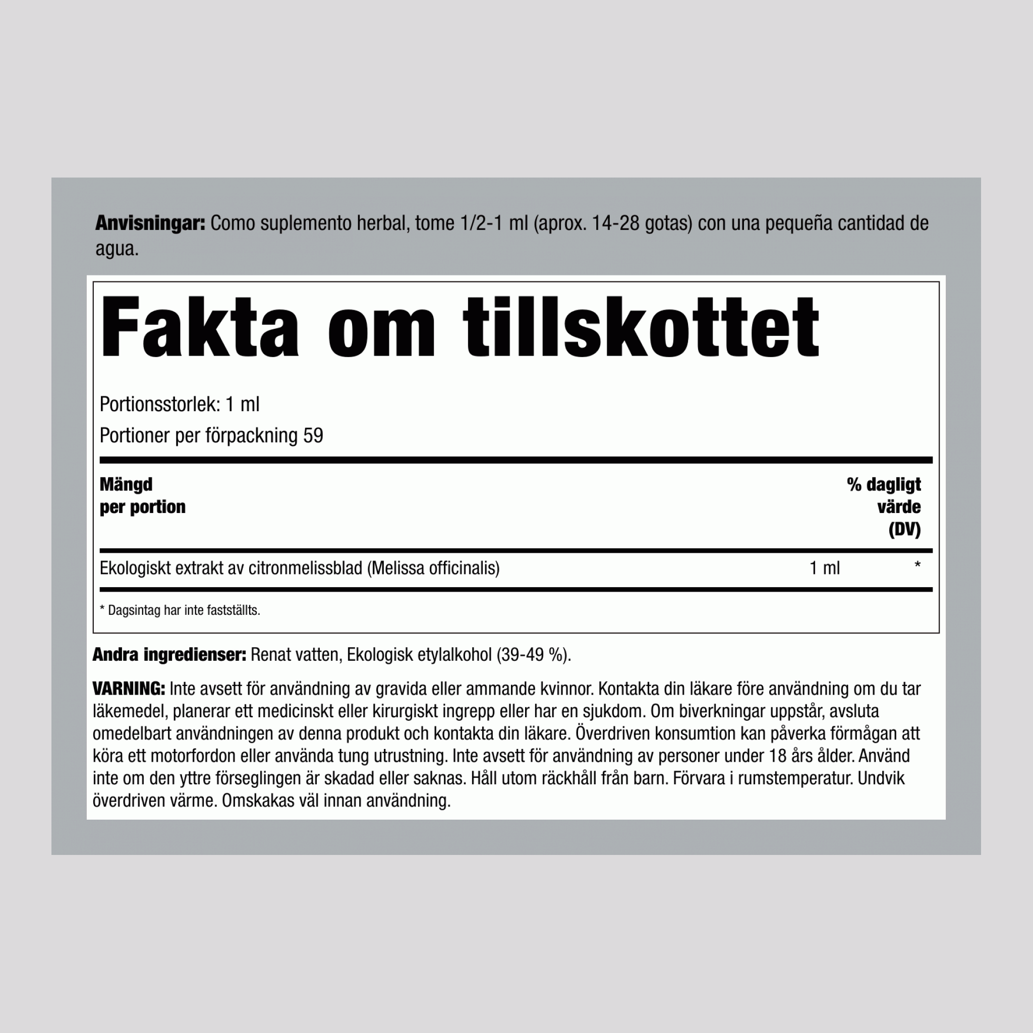 Citronmelissflytande Extrakt, 59 ml Droppflaska