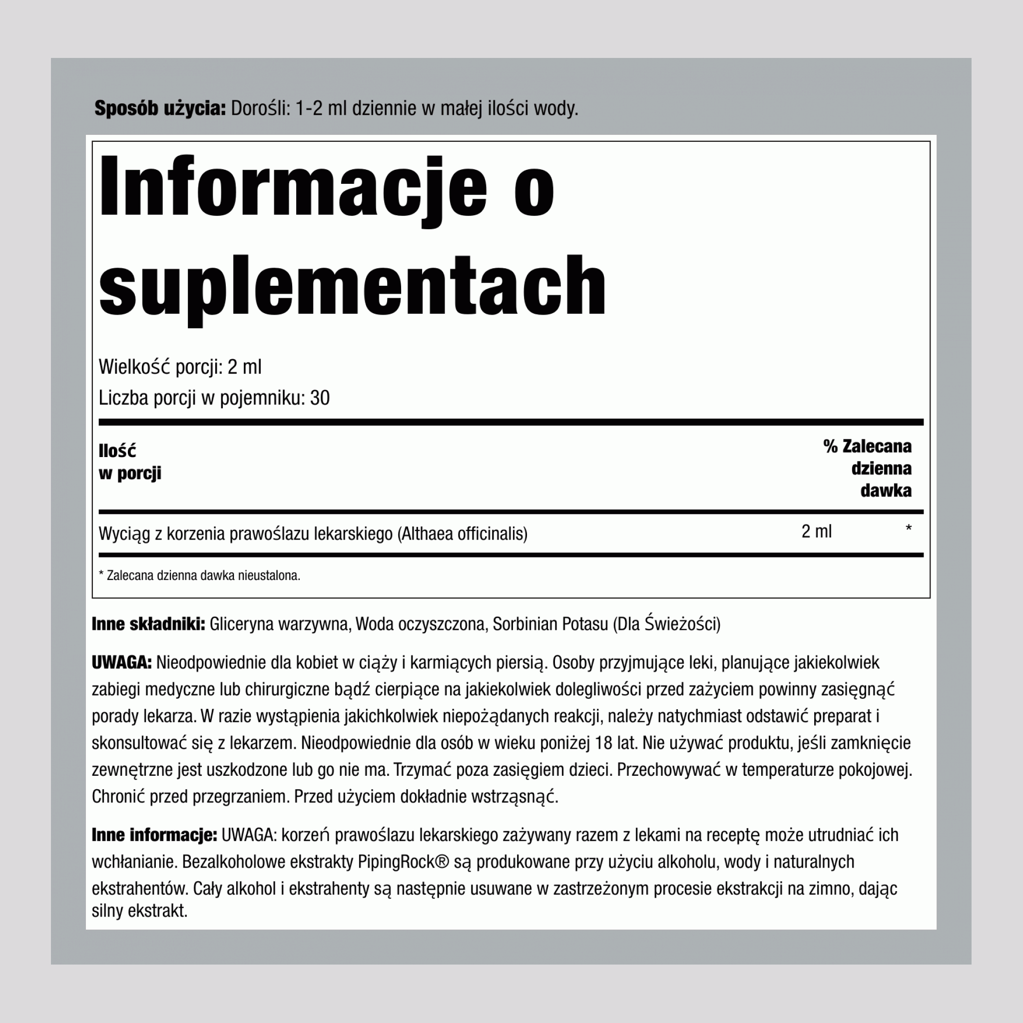 Płynny ekstrakt z korzenia prawoślazu bez alkoholu, 59 ml z zakraplaczem