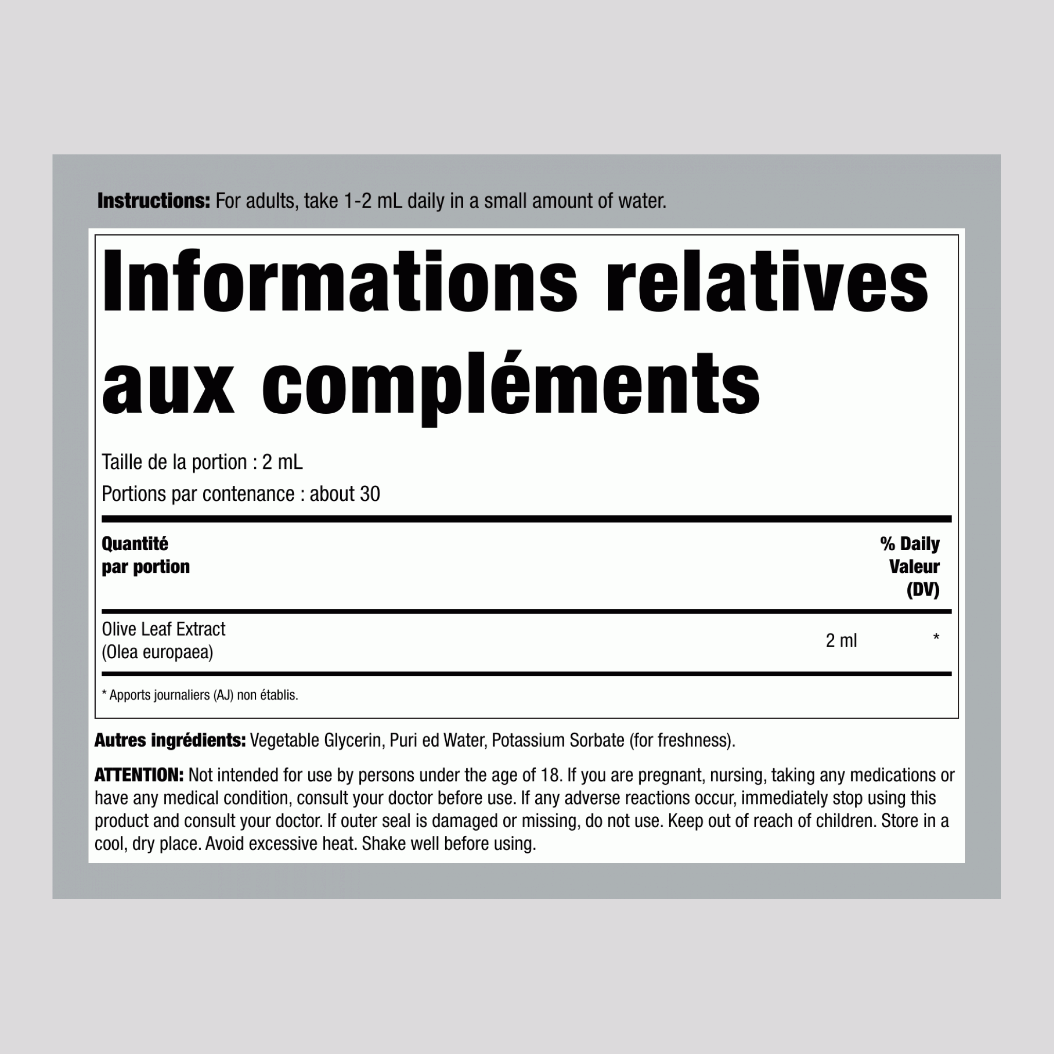 Extrait Liquide de Feuille d'Olivier Sans Alcool, Flacon Compte-Gouttes 59 mL (2 fl oz)