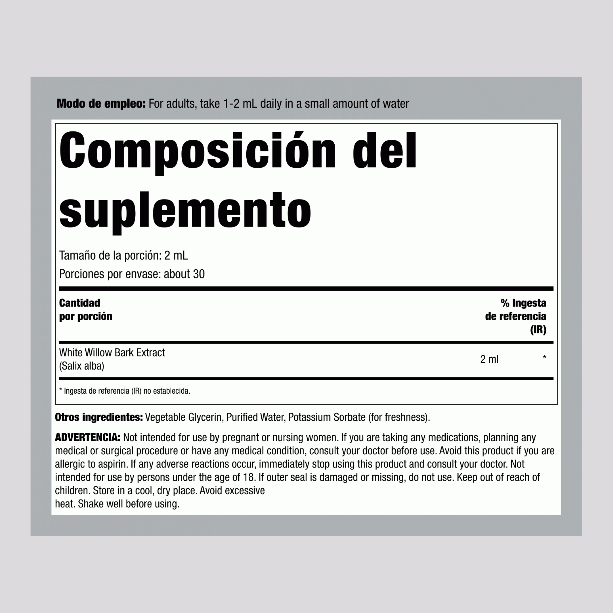 Extracto líquido de corteza de sauce blanco sin alcohol, botella cuentagotas de 2 fl oz (59 mL)