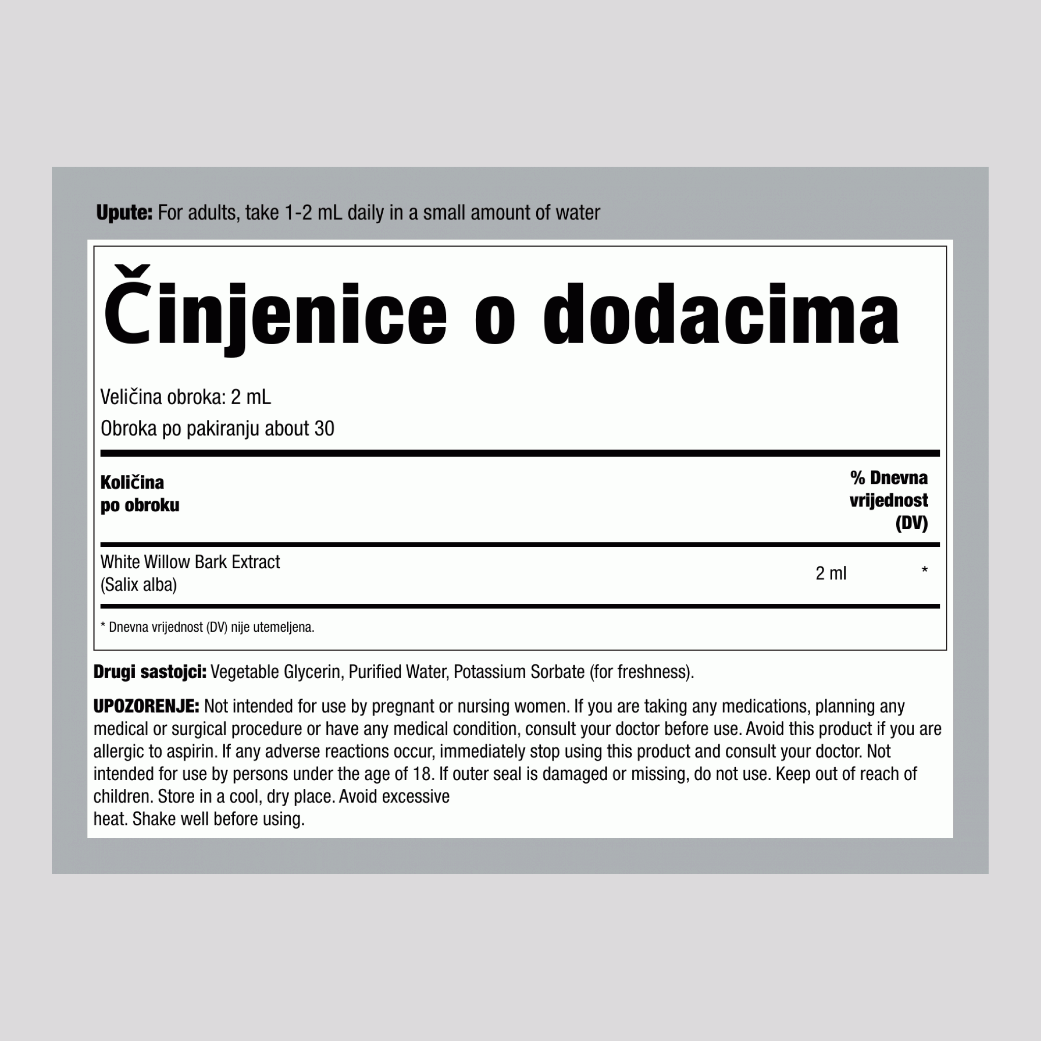 Tekući ekstrakt bijele kore vrbe bez alkohola, kapaljka od 2 fl oz (59 mL)