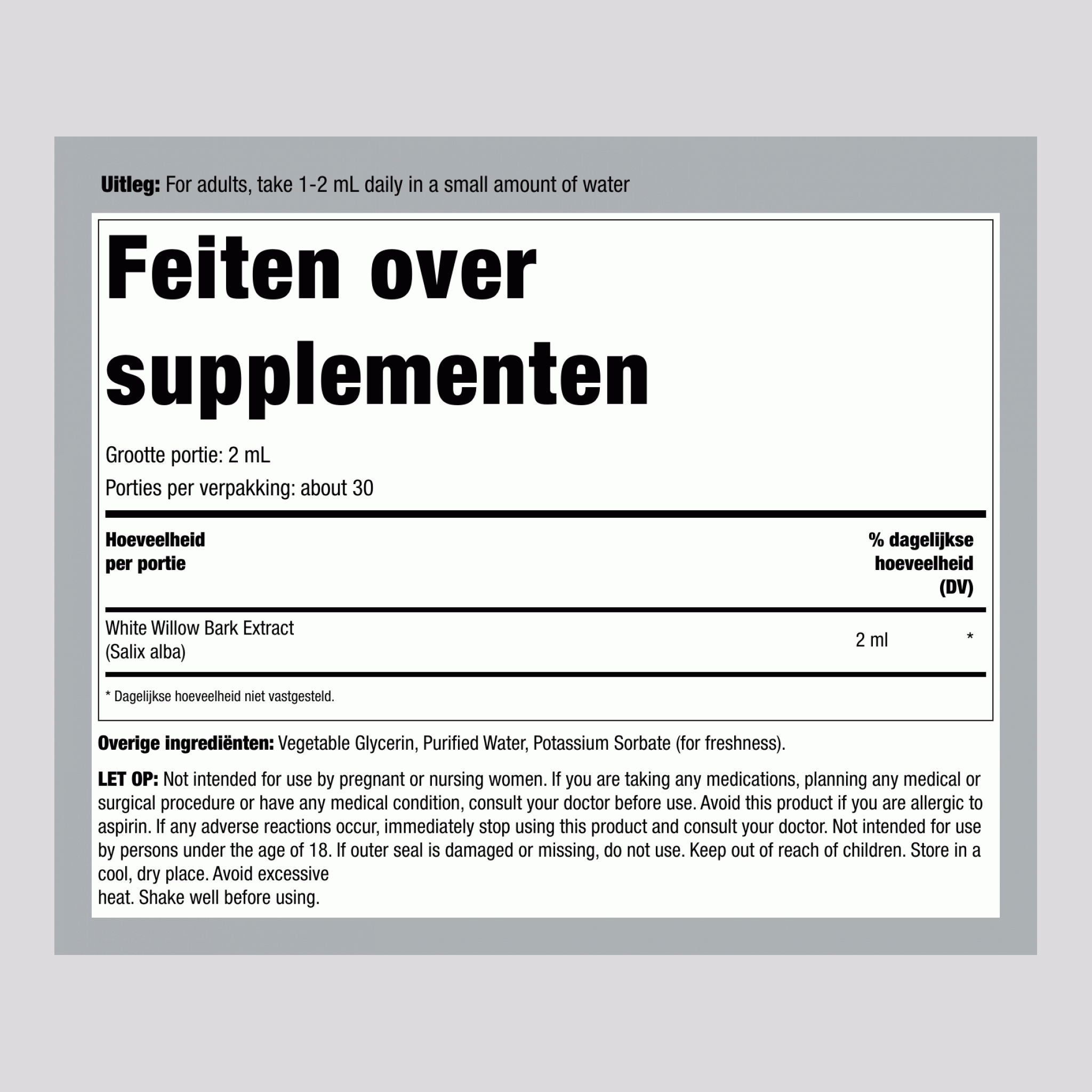 Witte Wilgenbast Vloeibaar Extract Alcoholvrij, 59 ml Druppelfles