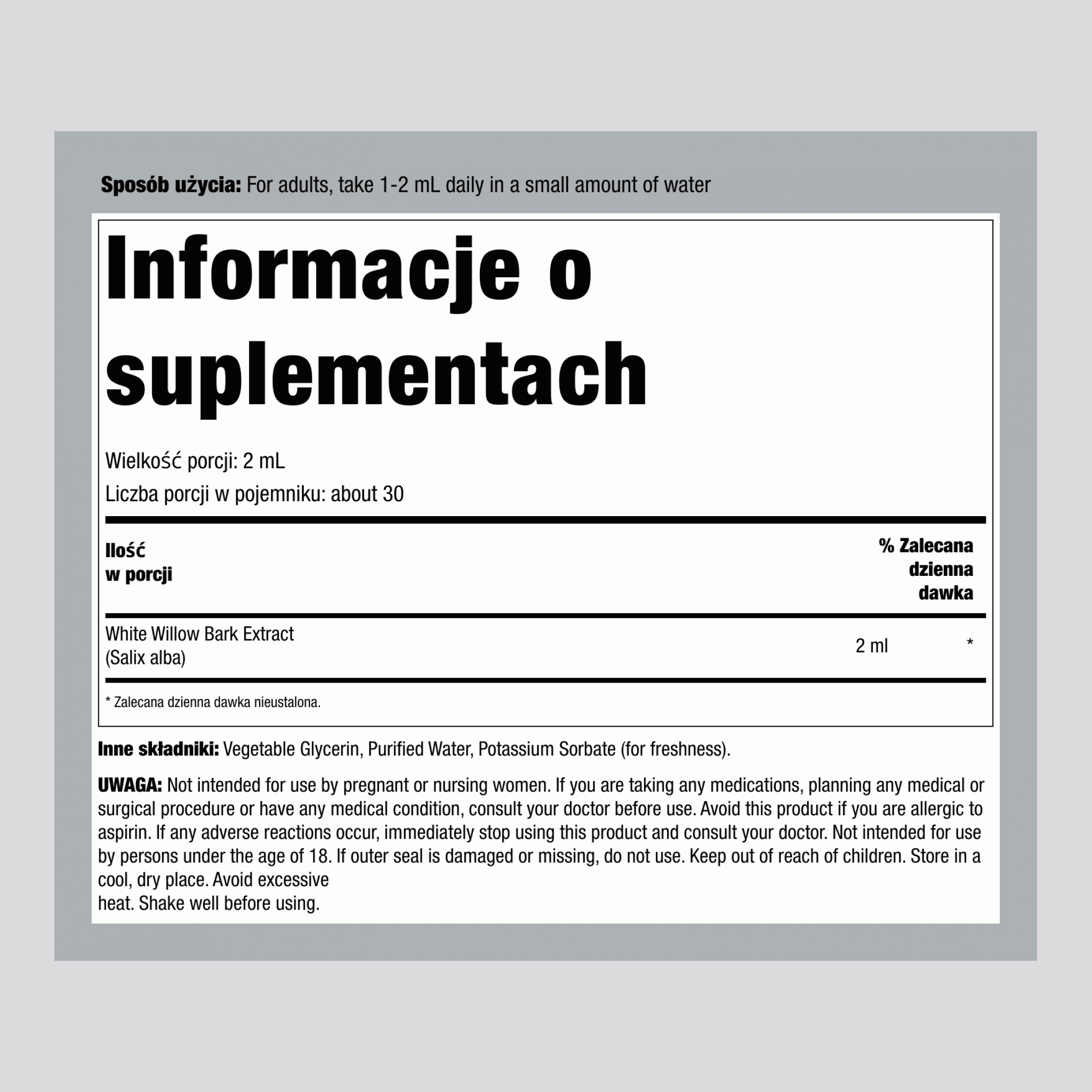 Płynny ekstrakt z kory wierzby białej bez alkoholu, 2 fl oz (59 mL) butelka z kroplomierzem