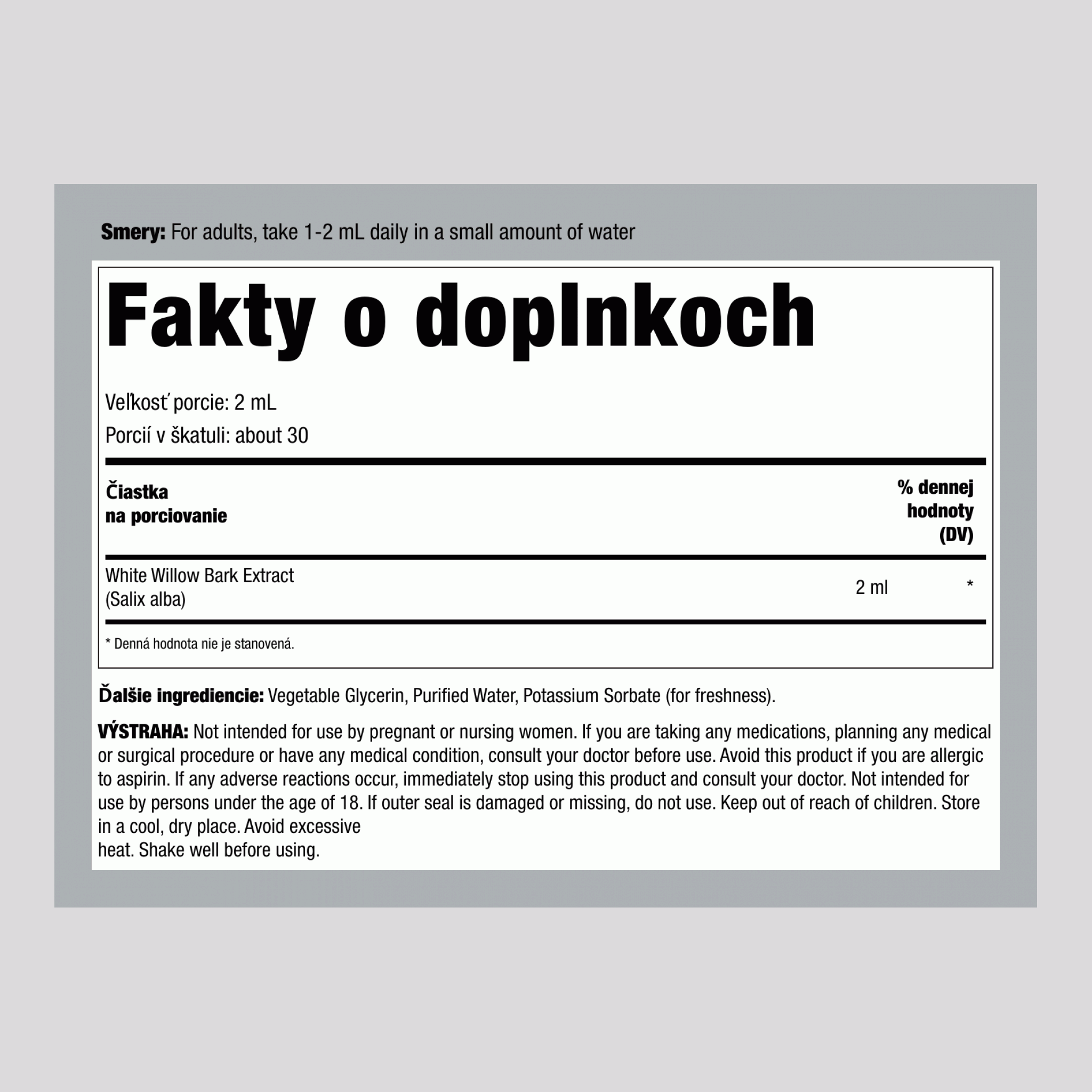 Tekutý extrakt z kôry bielej vŕby bez alkoholu, kvapkacia fľaštička 2 fl oz (59 mL)