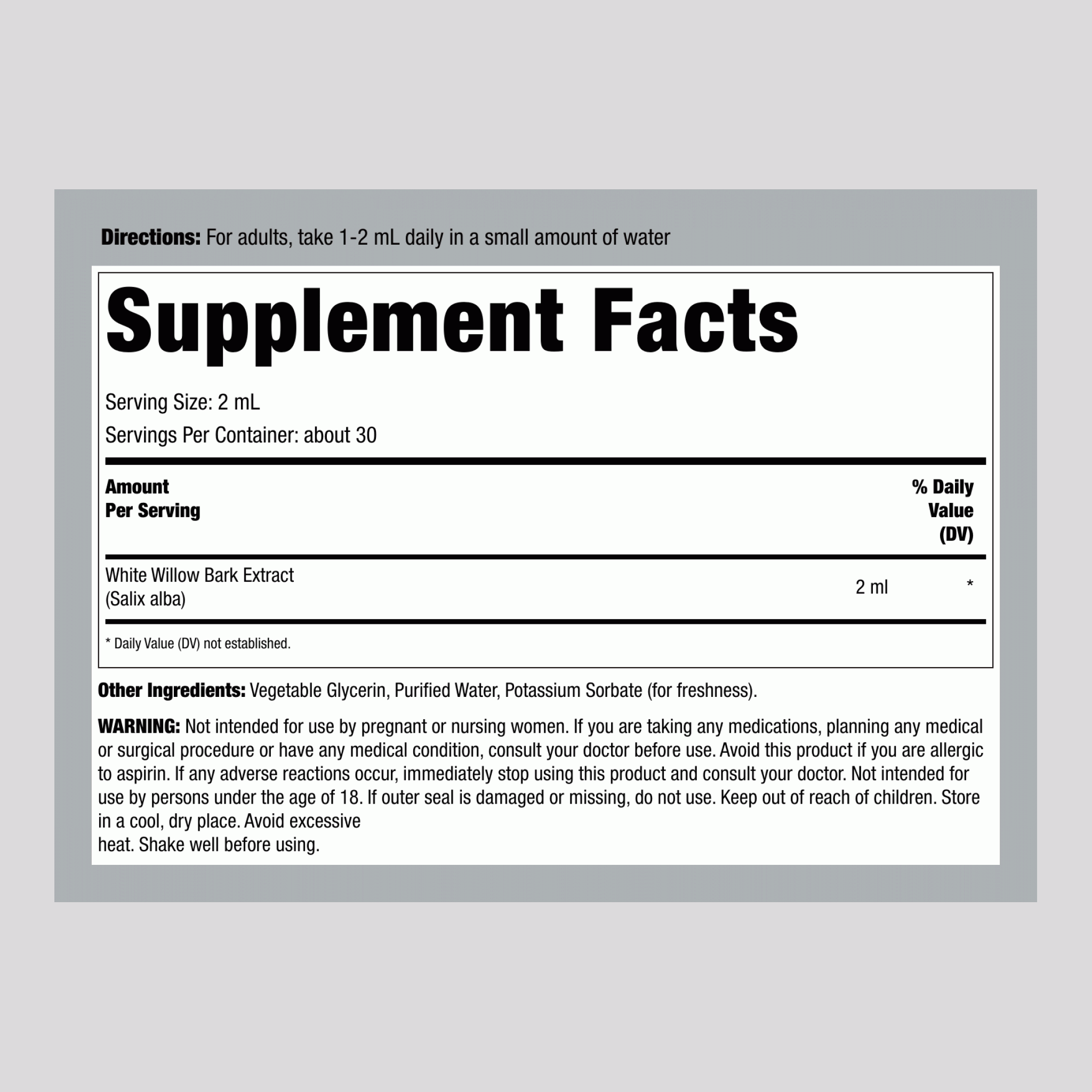 白柳樹皮液體萃取酒精免費，2 液量盎司（59 毫升）滴管瓶