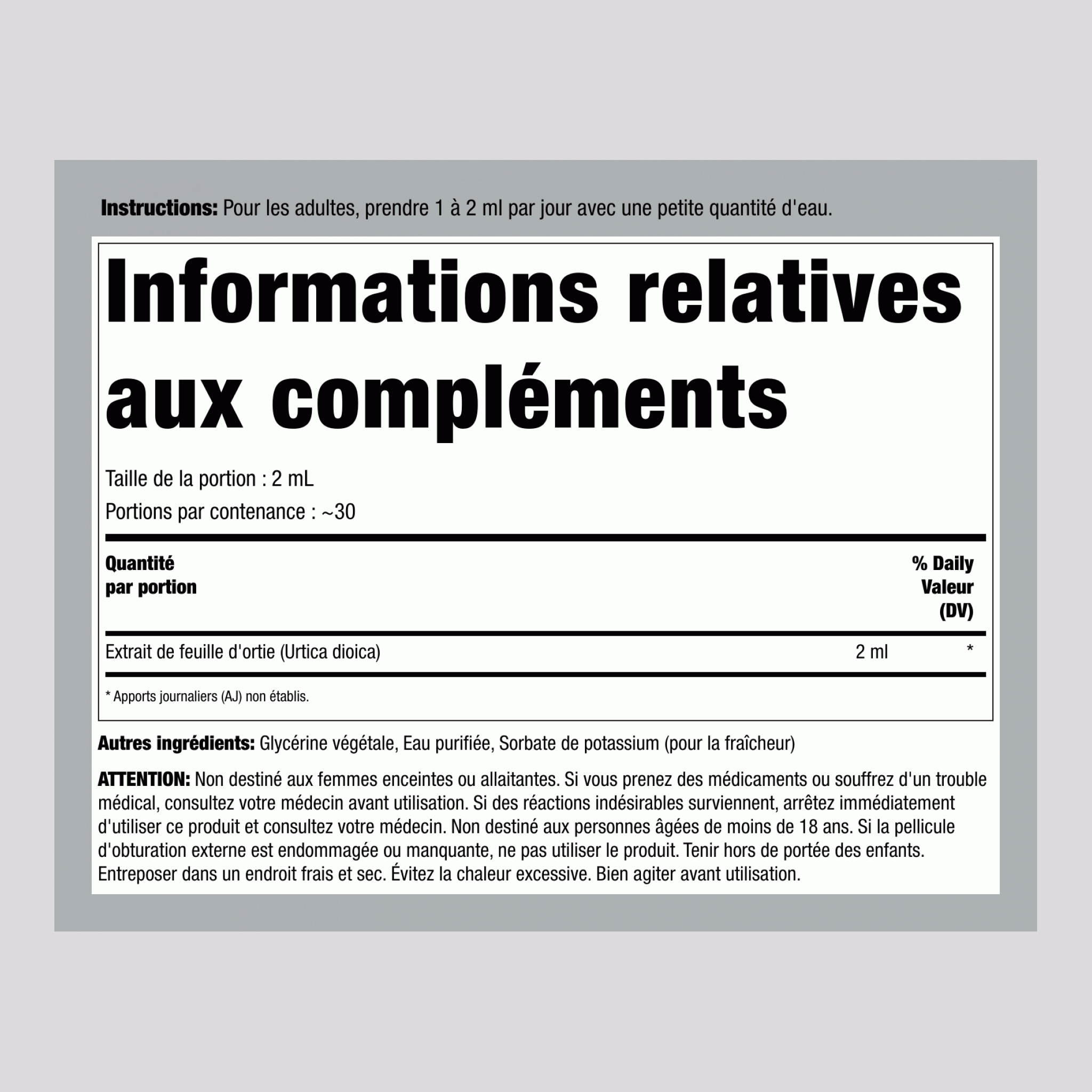 Extrait Liquide de Feuille d'Ortie Sans Alcool, Flacon Compte-gouttes de 59 mL (2 fl oz)