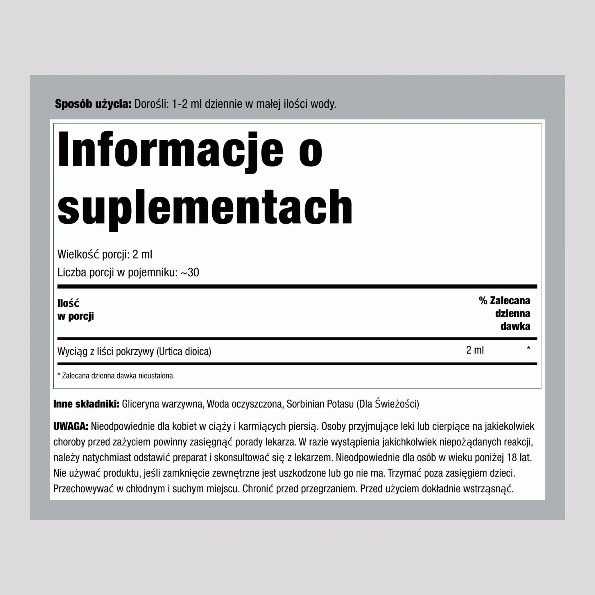 Płynny ekstrakt z liści pokrzywy bez alkoholu, butelka z kroplomierzem 2 fl oz (59 mL)