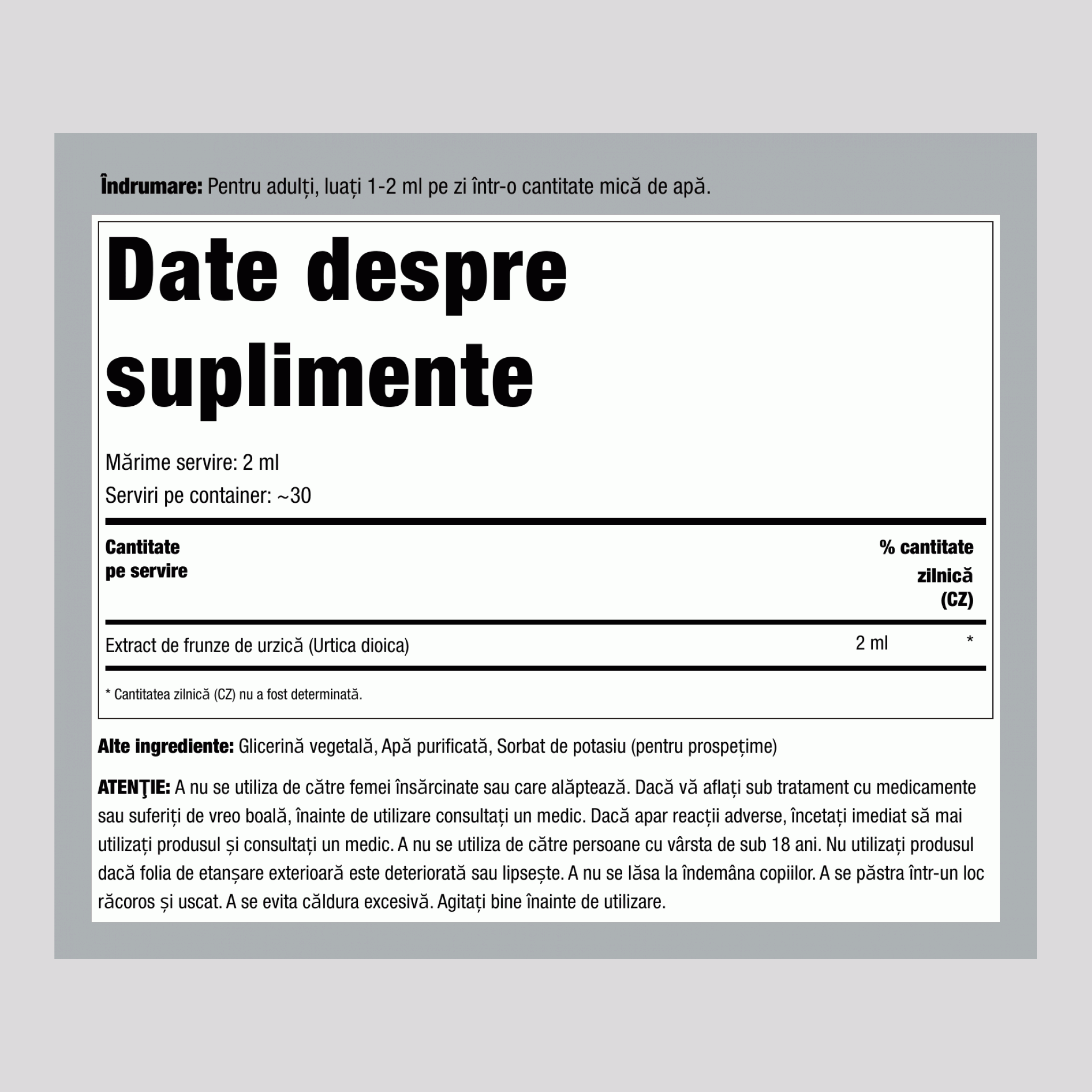 Extract lichid din frunze de urzică fără alcool, sticlă cu picurător de 59 ml (2 fl oz)