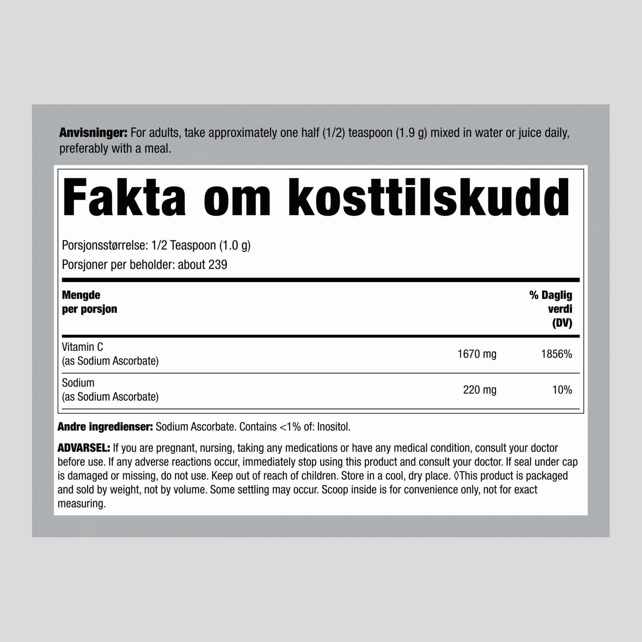 Bufret vitamin C-pulver med natriumaskorbat