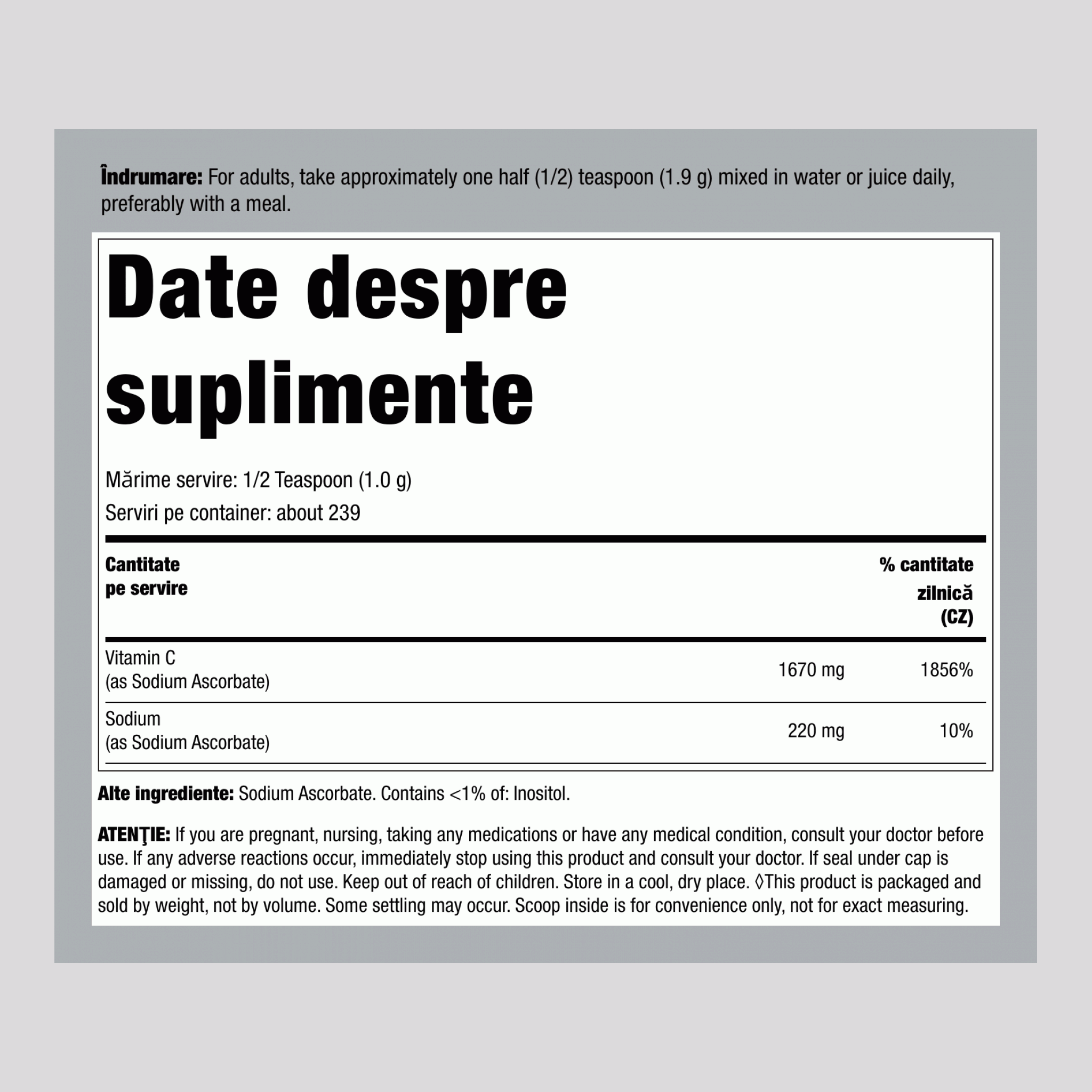 Pulbere de vitamina C tamponată cu ascorbat de sodiu