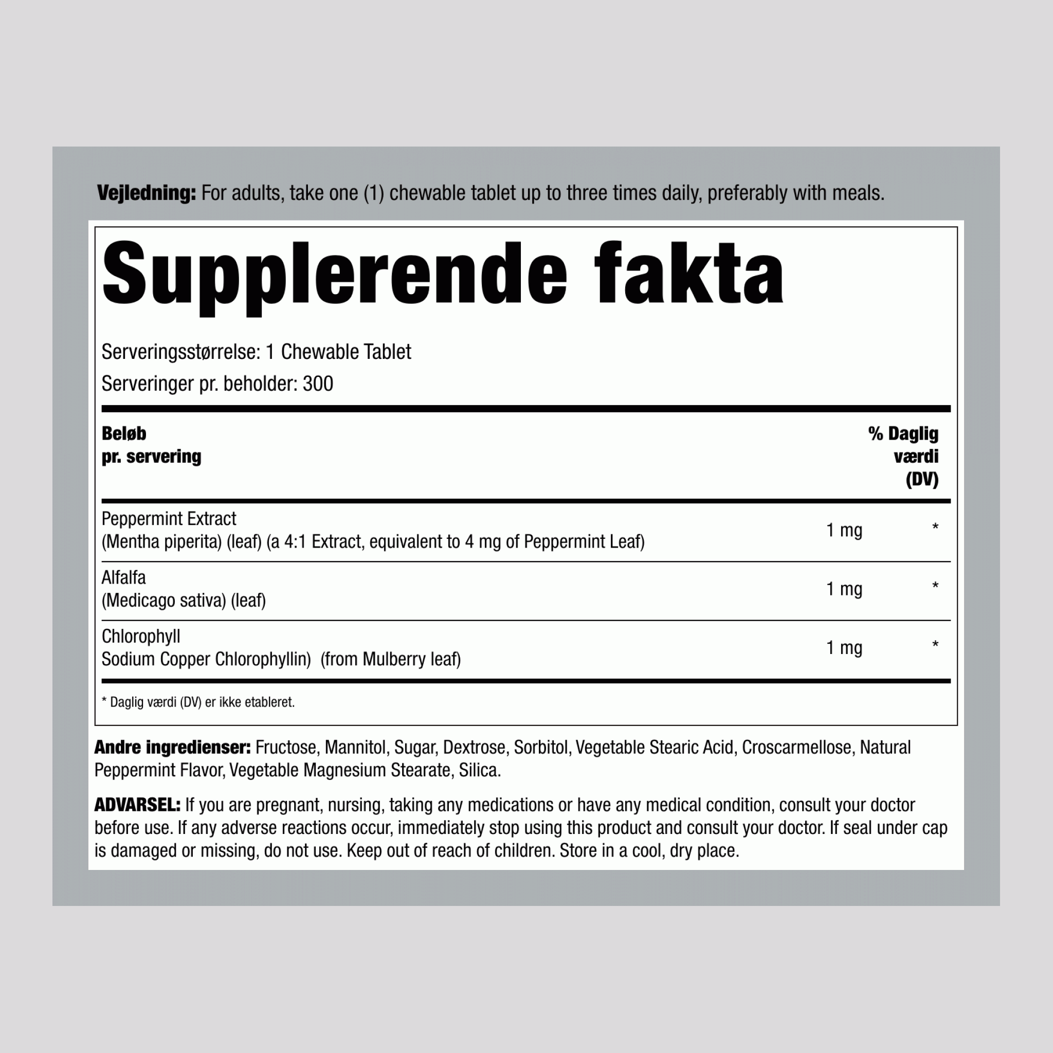 Tyggeben Klorofyl (Naturlig Pebermynte), 300 Tyggetabletter