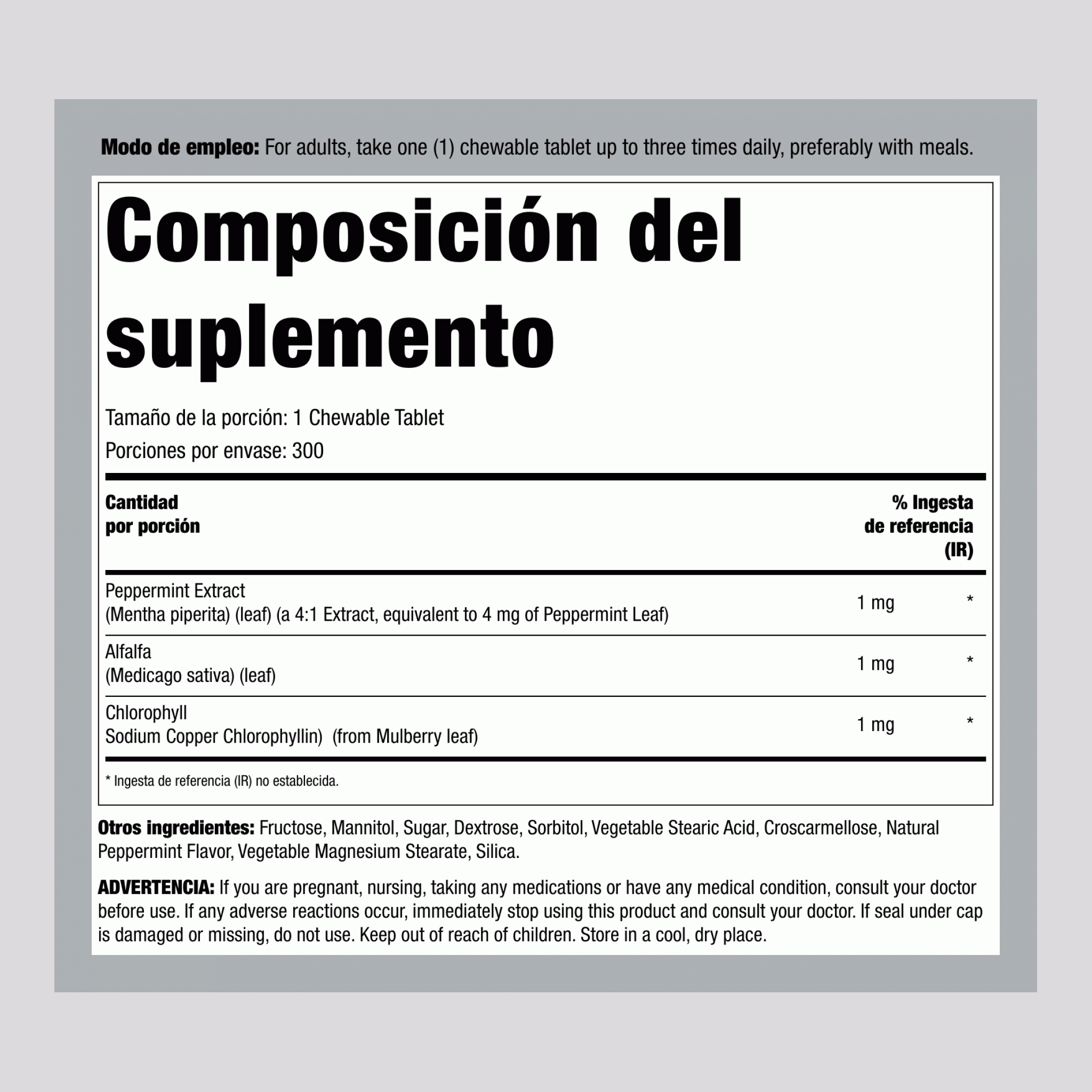 Clorofila Masticable (Menta Natural), 300 Tabletas Masticables