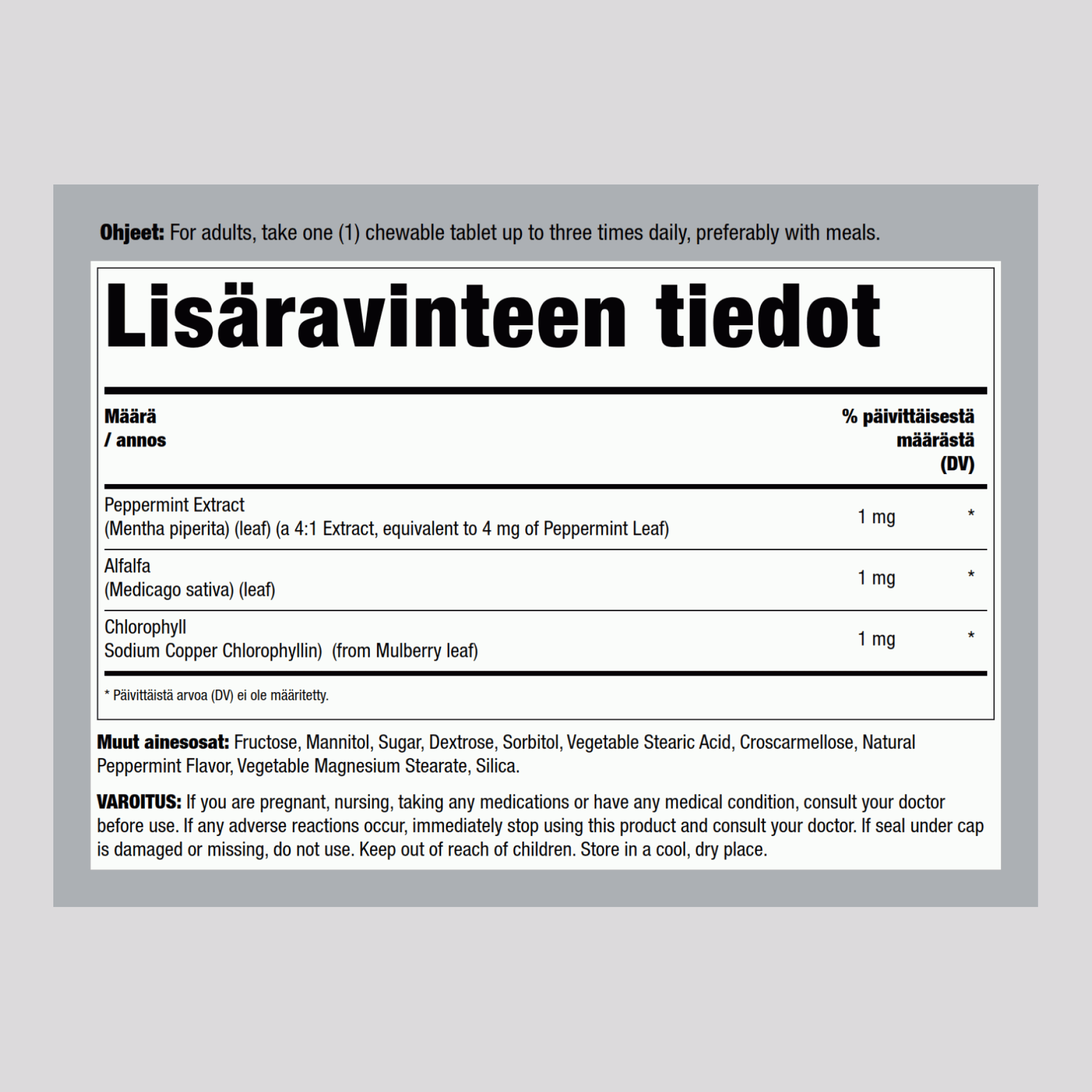 Pureskeltava klorofylli (Luonnollinen Piparminttu), 300 Pureskeltavaa Tablettia