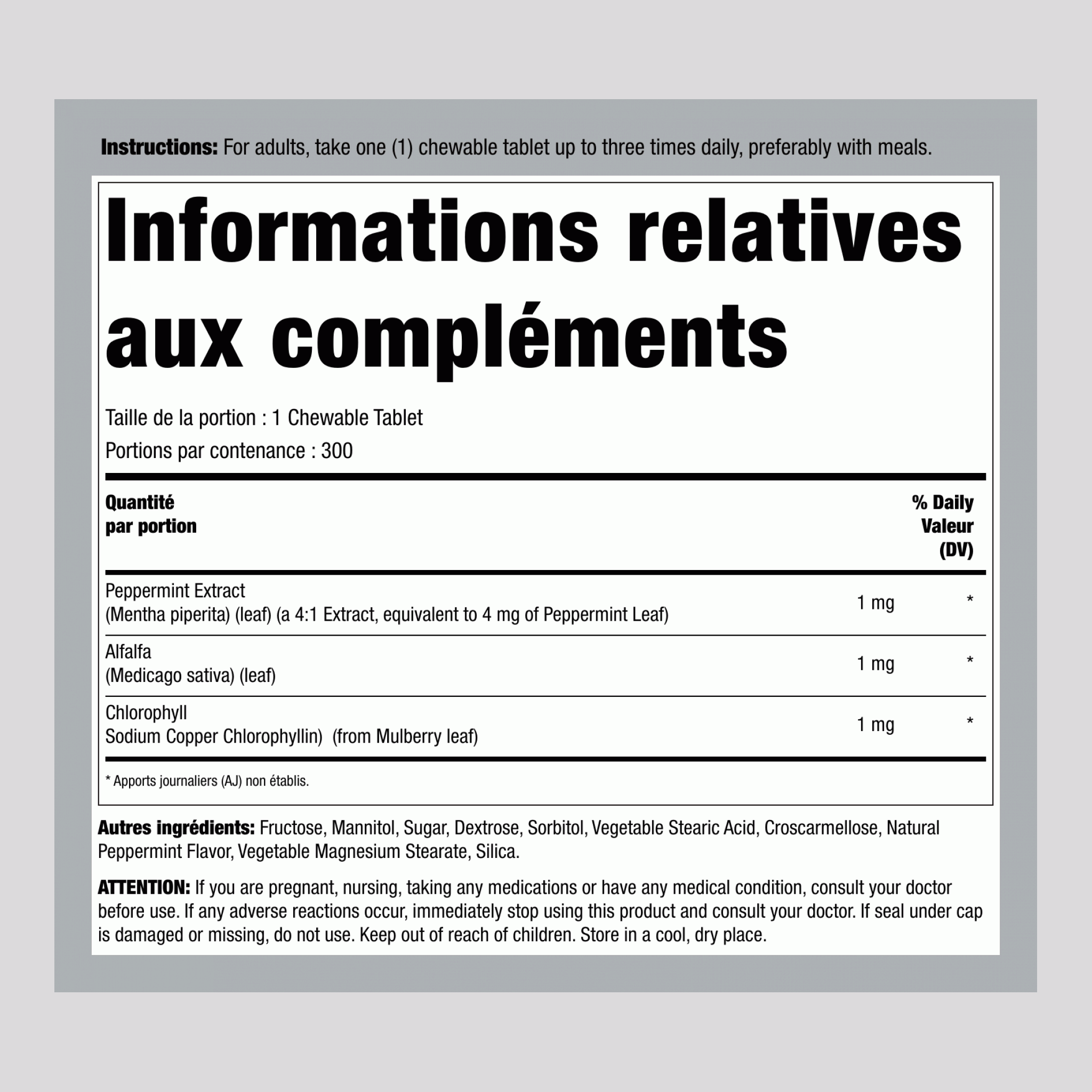 Chlorophylle à mâcher (Menthe poivrée naturelle), 300 comprimés à mâcher