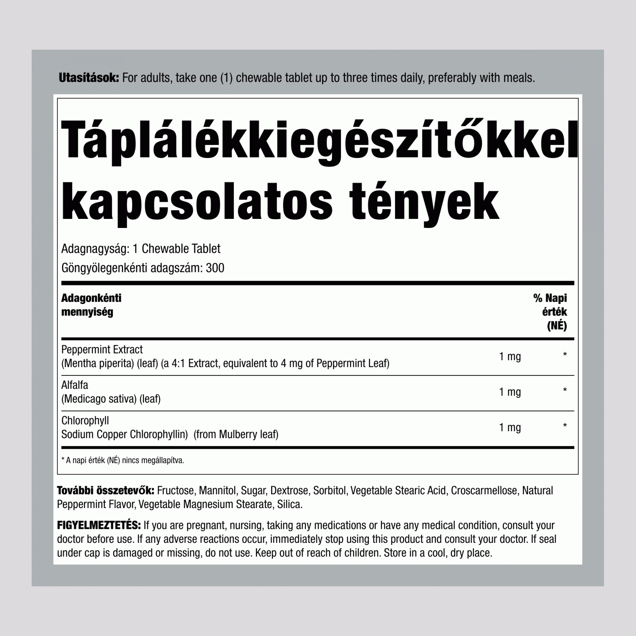 Rágótabletták Klorofillal (Természetes Borsmenta), 300 Rágótabletta