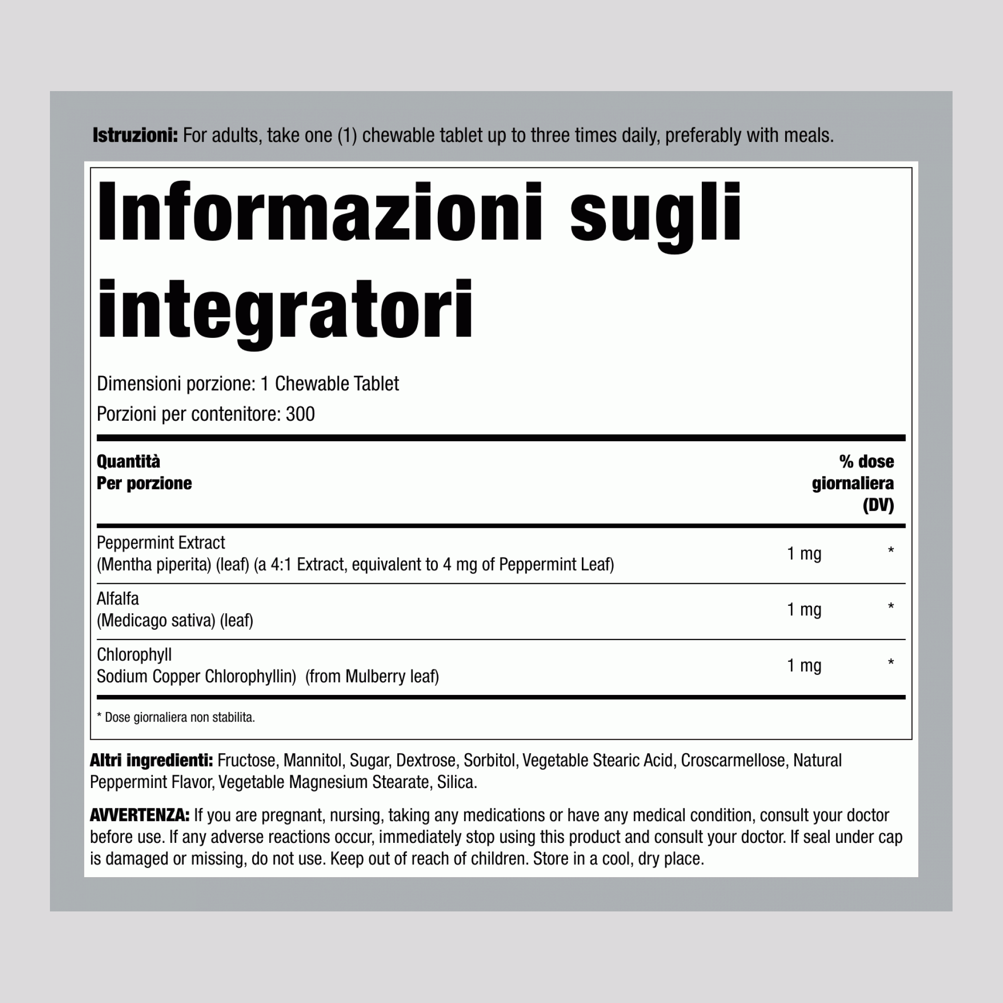 Clorofilla Masticabile (Menta Piperita Naturale), 300 Compresse Masticabili