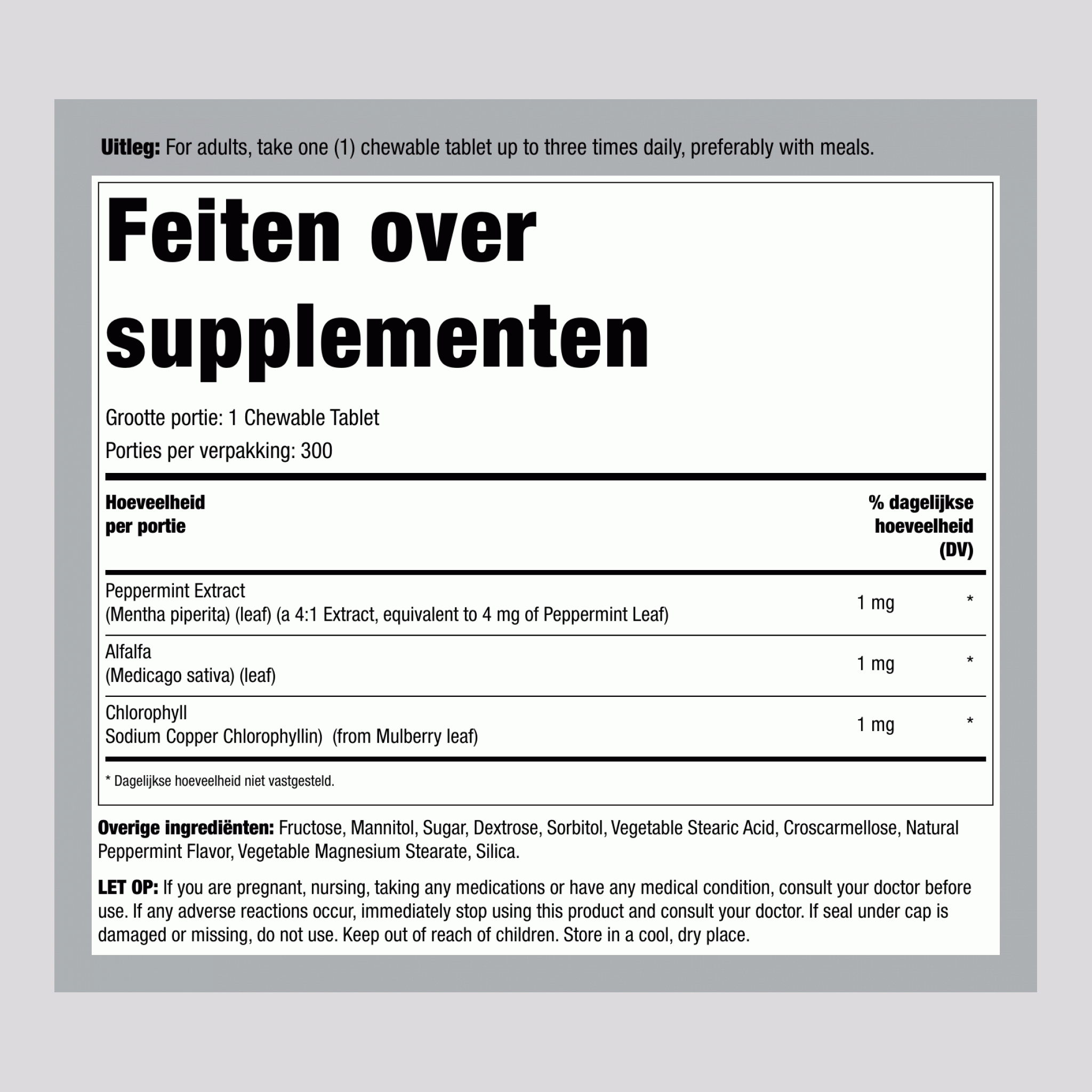 Kauwbare Chlorofyl (Natuurlijke Pepermunt), 300 Kauwtabletten