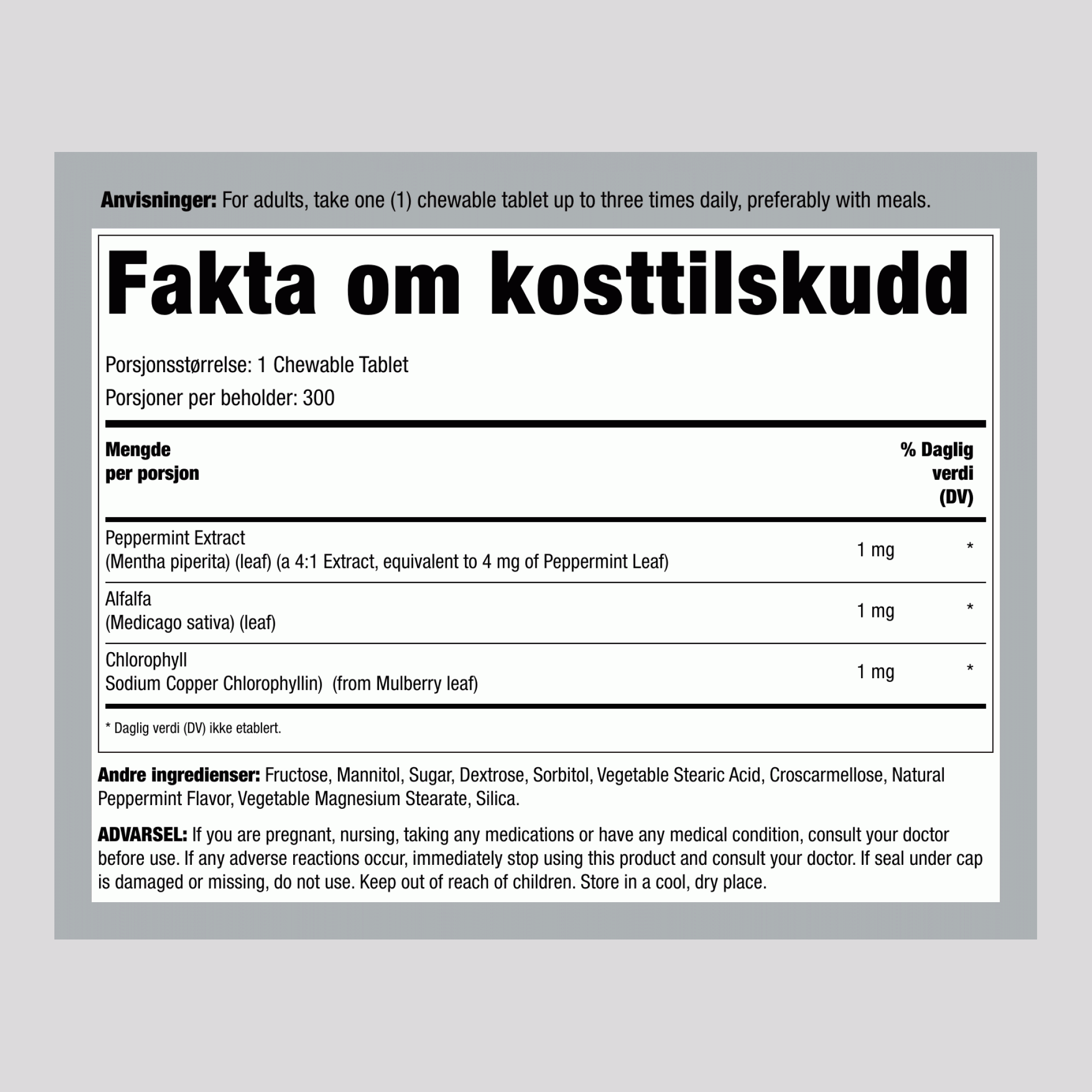 Tyggetabletter med klorofyll (Naturlig Peppermynte), 300 Tyggetabletter