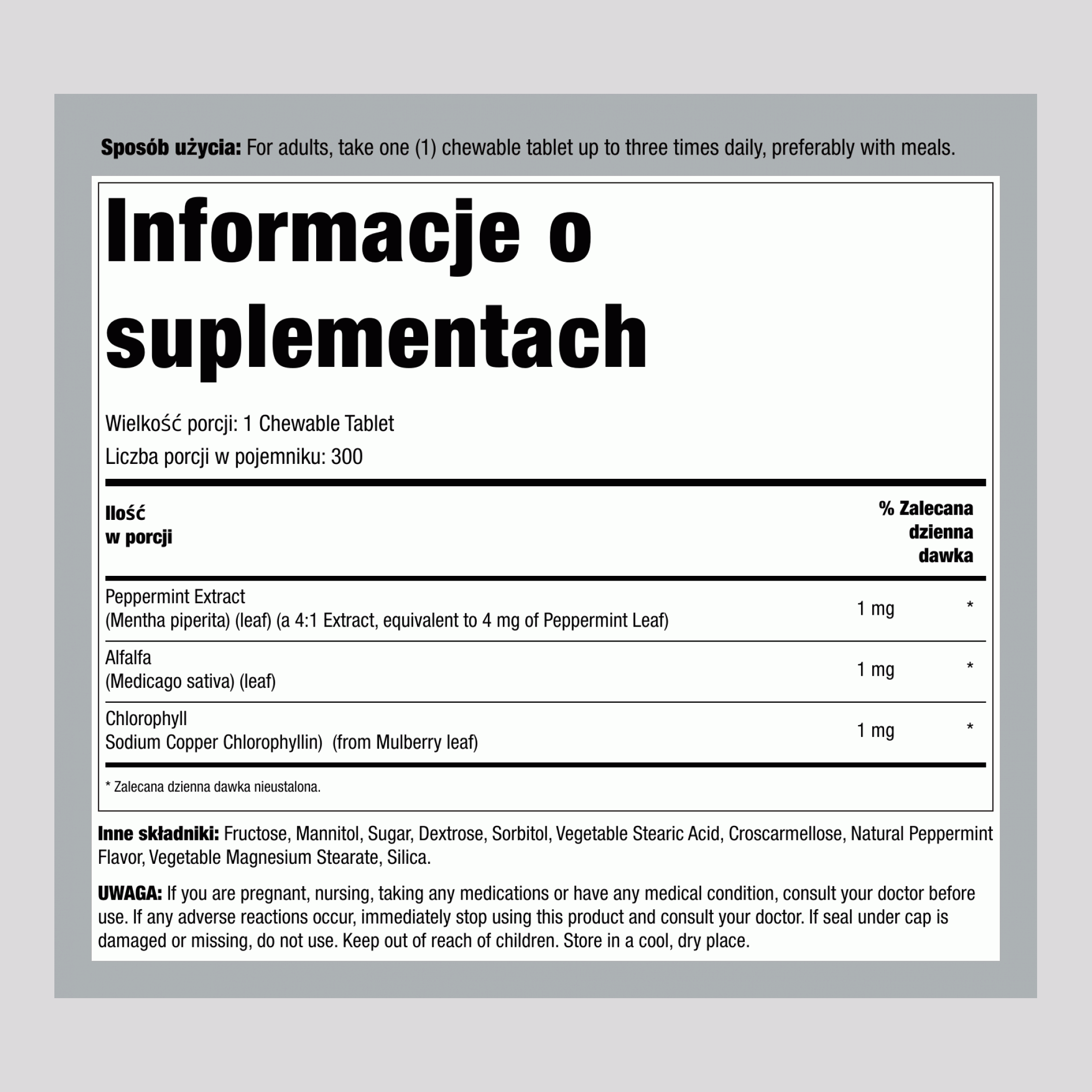 Chlorofil do żucia (naturalna mięta pieprzowa), 300 tabletek do żucia