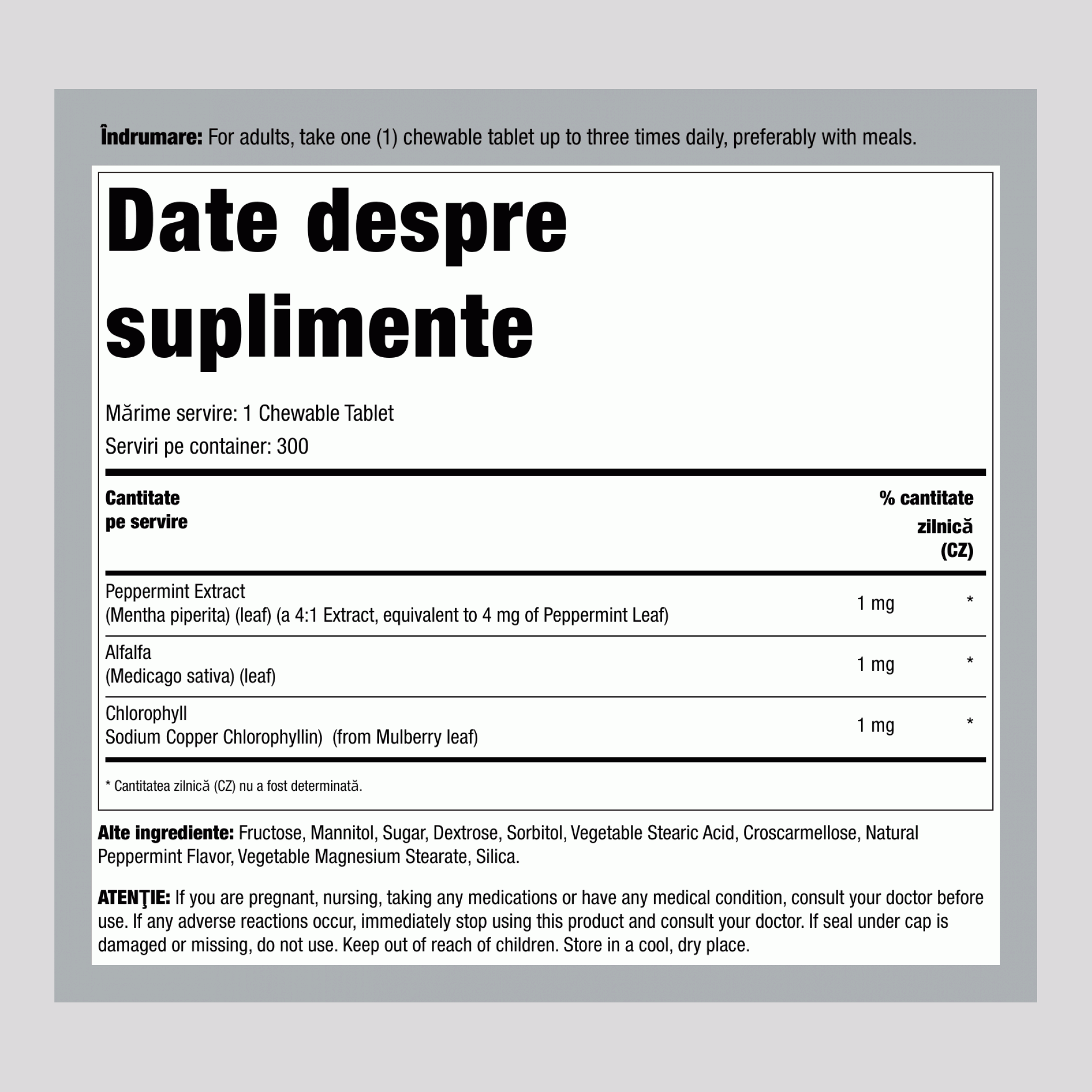Clorofilă masticabilă (Mentă naturală), 300 comprimate masticabile