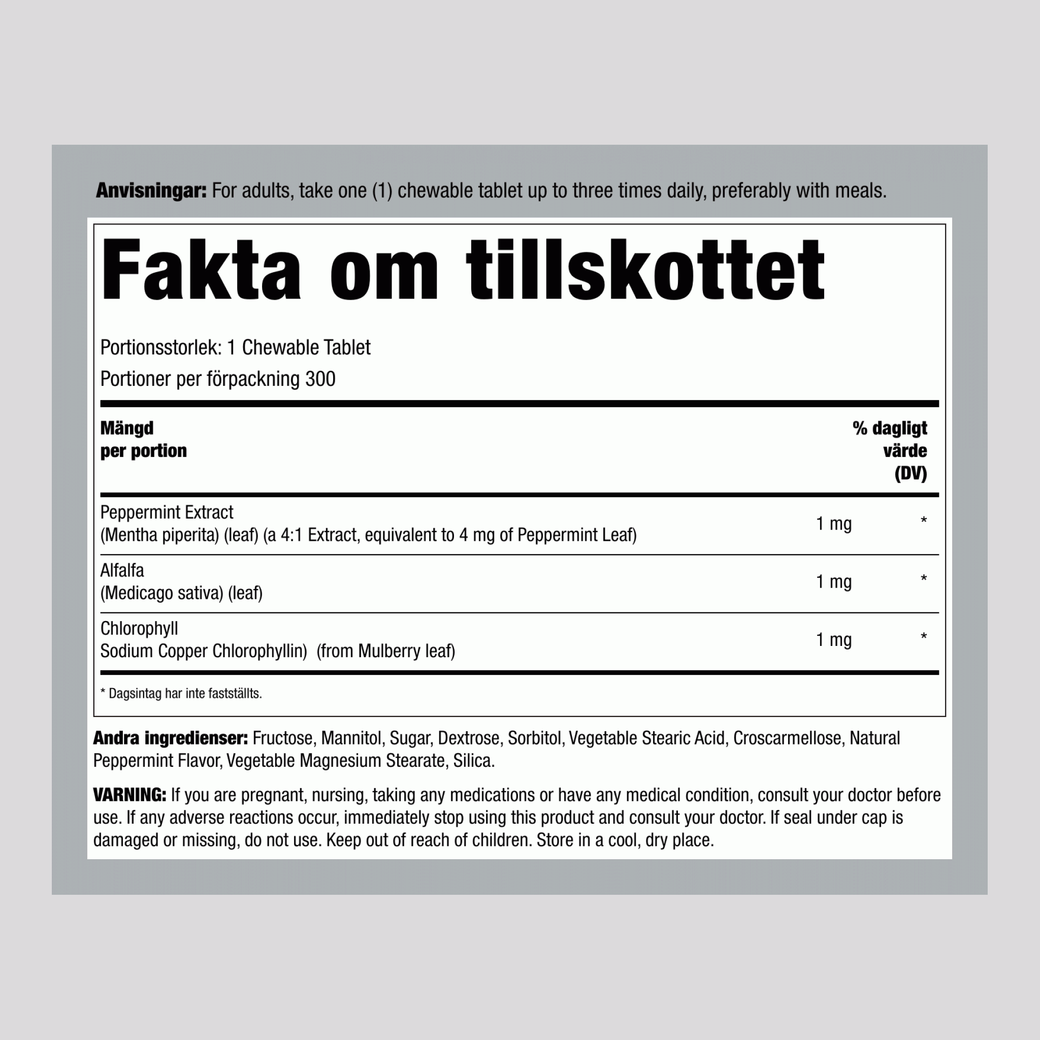 Tuggbar klorofyll (naturlig pepparmint), 300 tuggtabletter