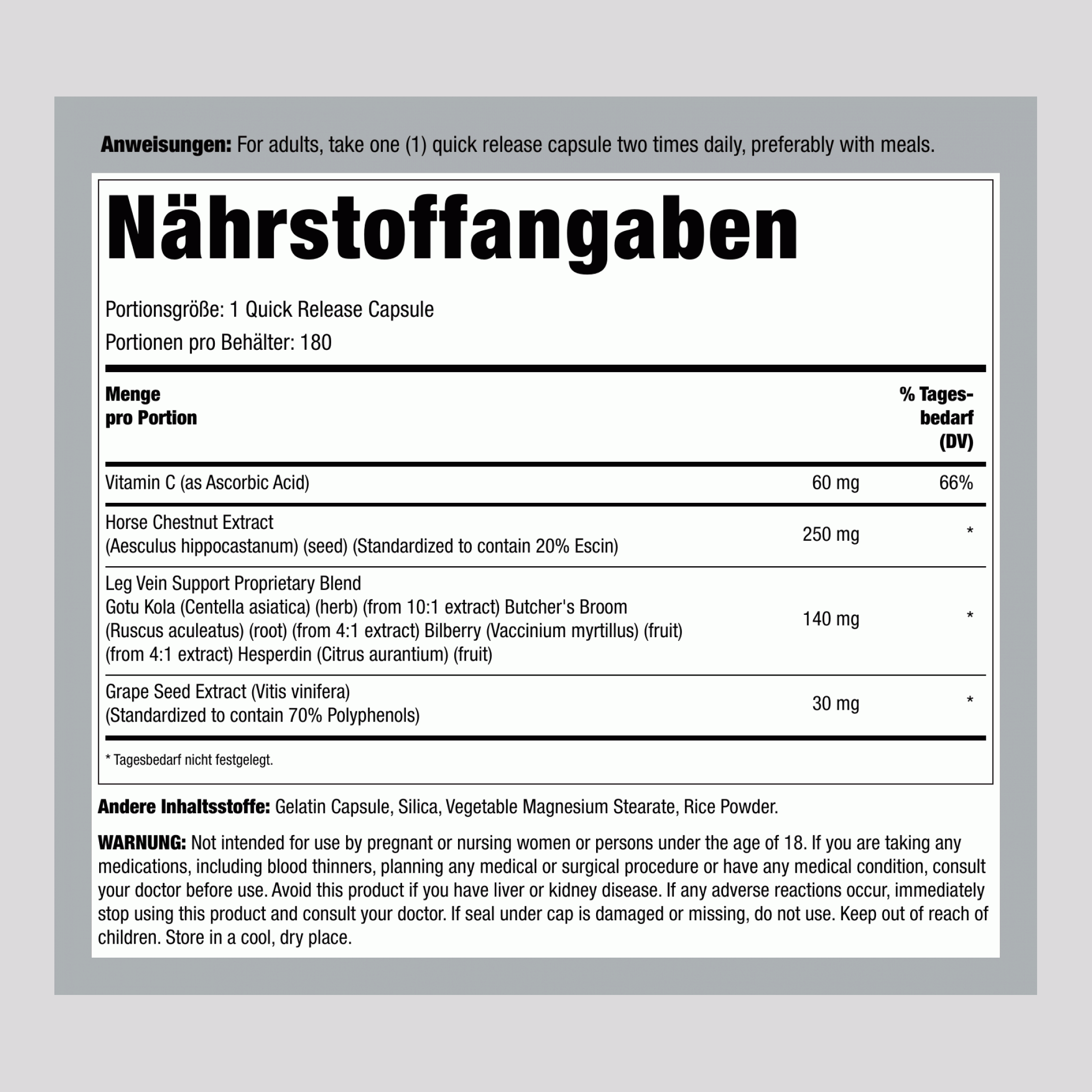 Beinvenen-Unterstützung, 180 Kapseln mit schneller Freisetzung