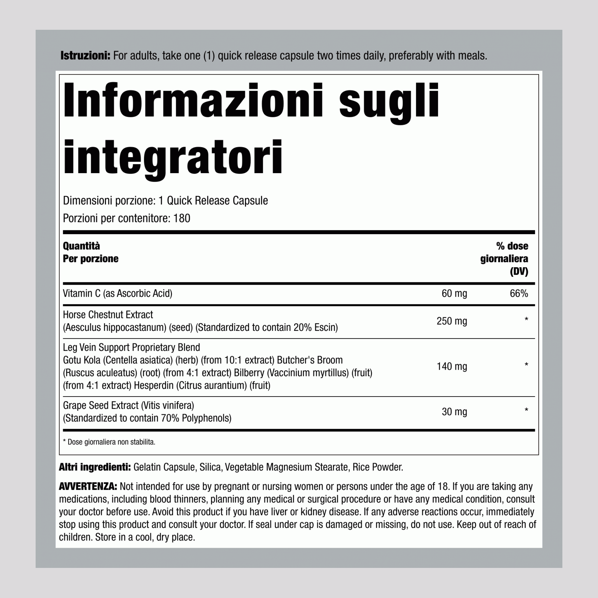Supporto per Vene delle Gambe, 180 Capsule a Rilascio Rapido