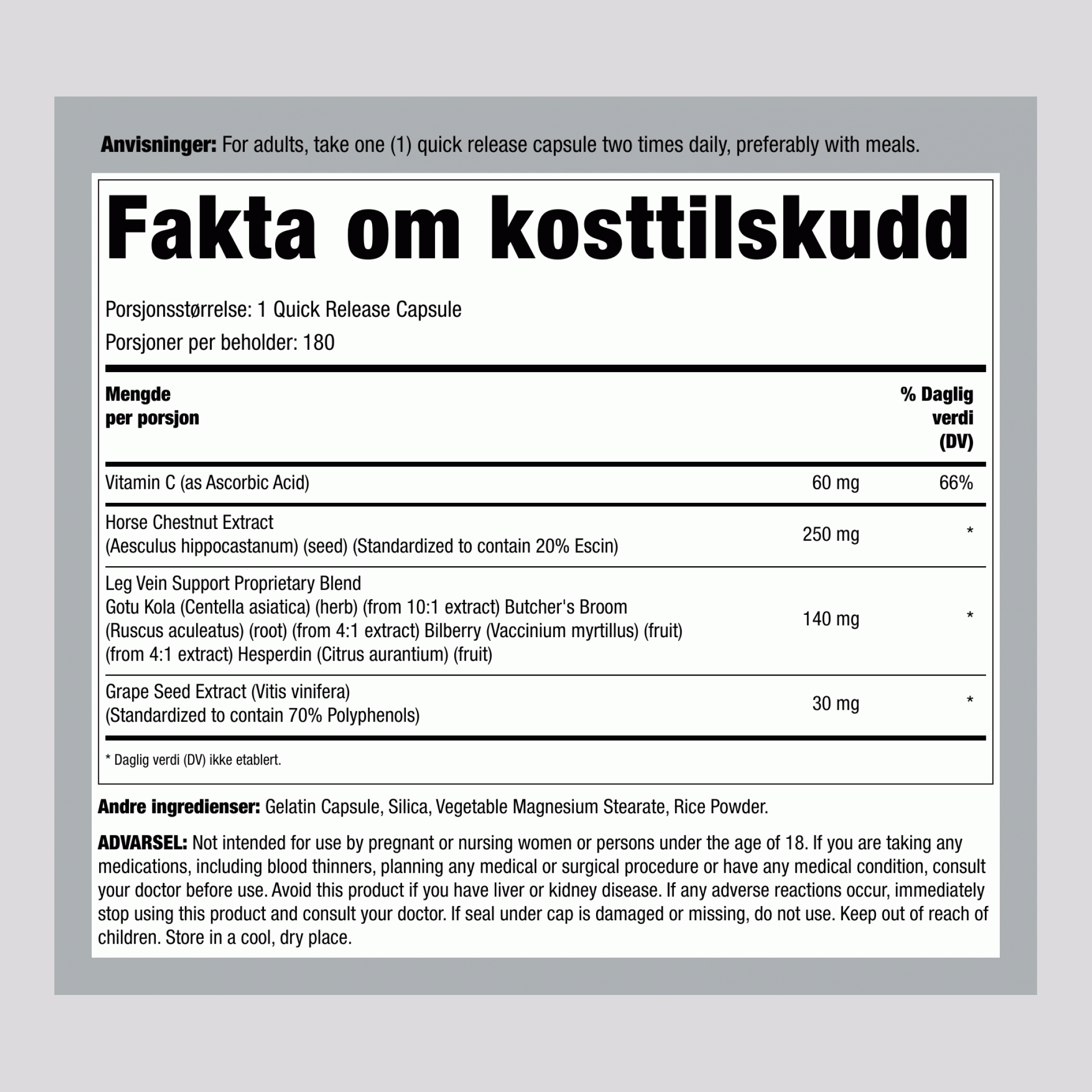 Leg Venestøtte, 180 kapsler med hurtig utgivelse