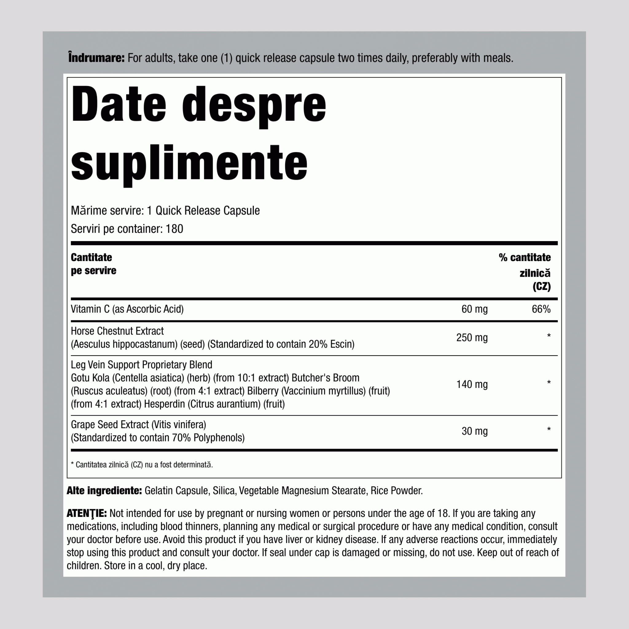 Suport pentru venele picioarelor, 180 capsule cu eliberare rapidă