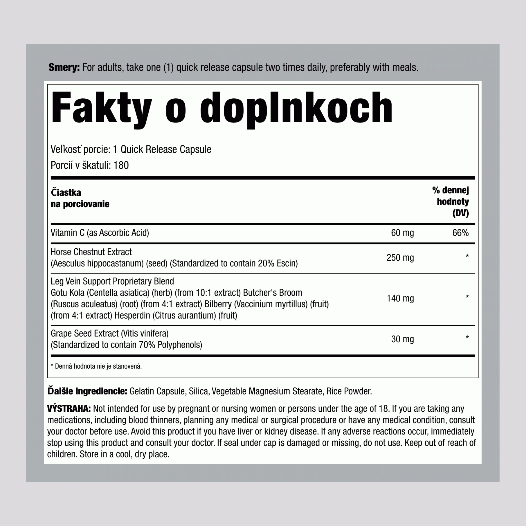 Podpora žíl na nohách, 180 kapsúl s rýchlym uvoľňovaním