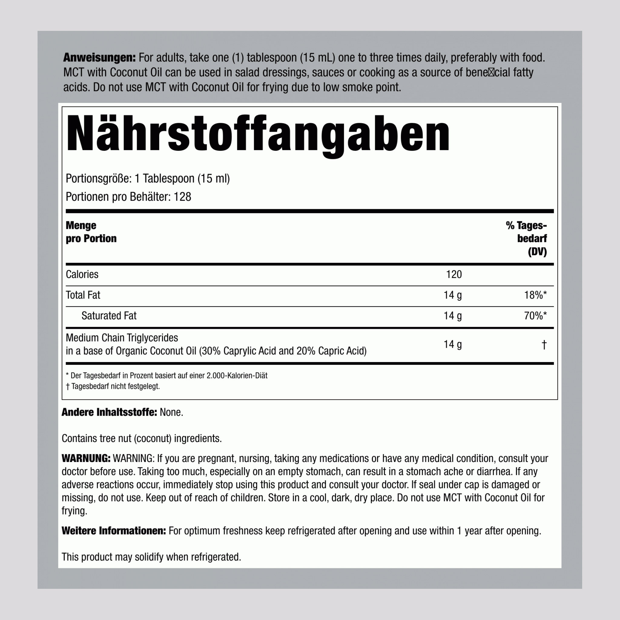 MCT-Öl (mittelkettige Triglyceride) mit Kokosnussöl, 1,89 l Flasche