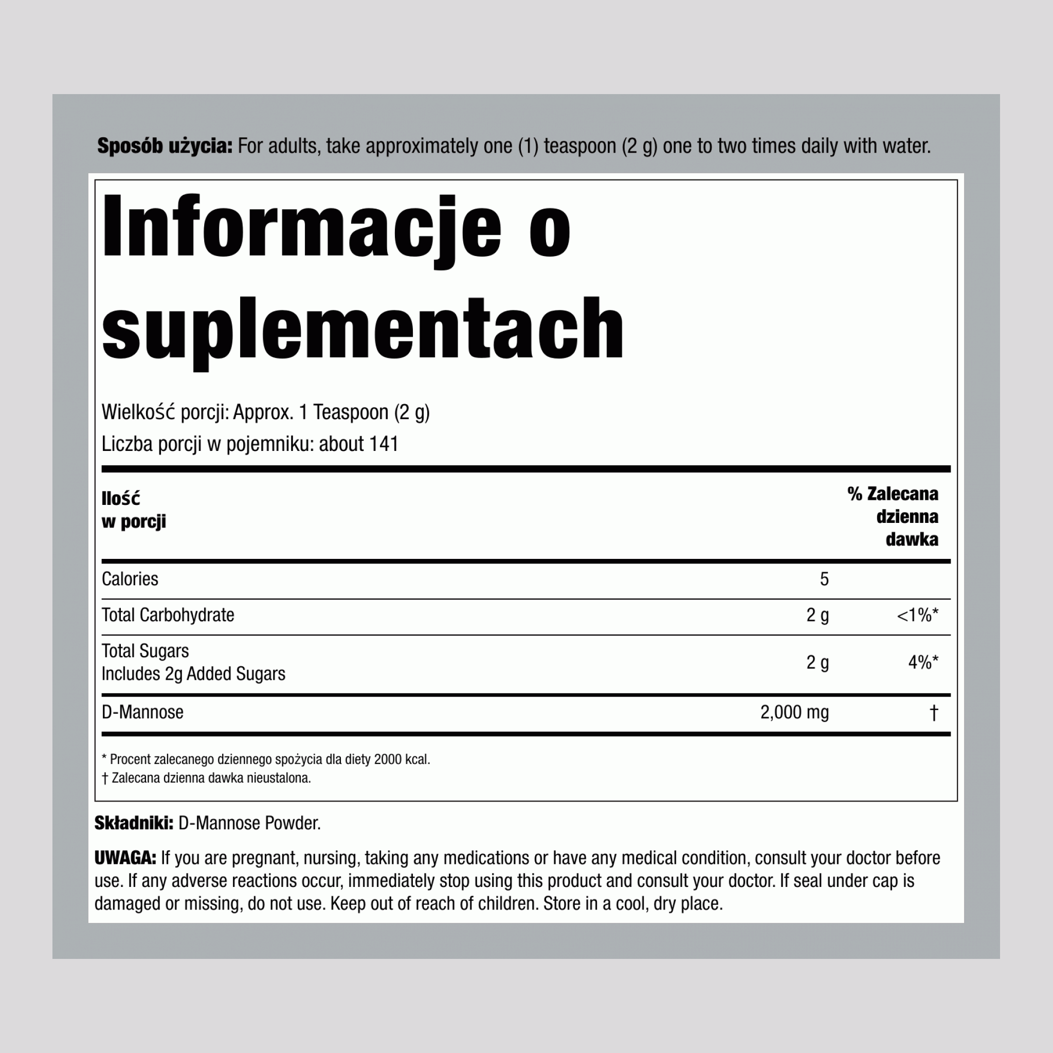 Proszek D-mannozy, butelka 10 oz (283 g)