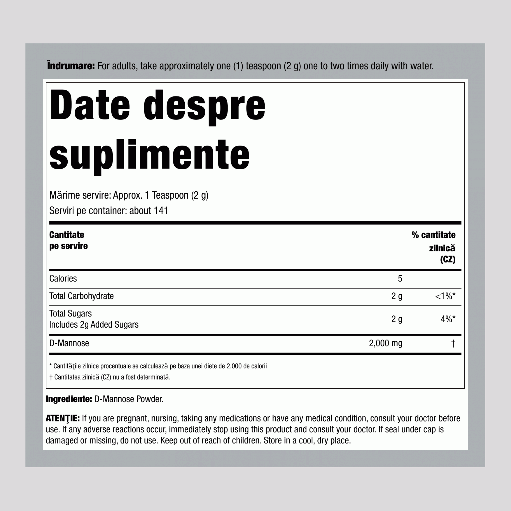 Pulbere de D-Mannose, Sticlă de 10 oz (283 g)