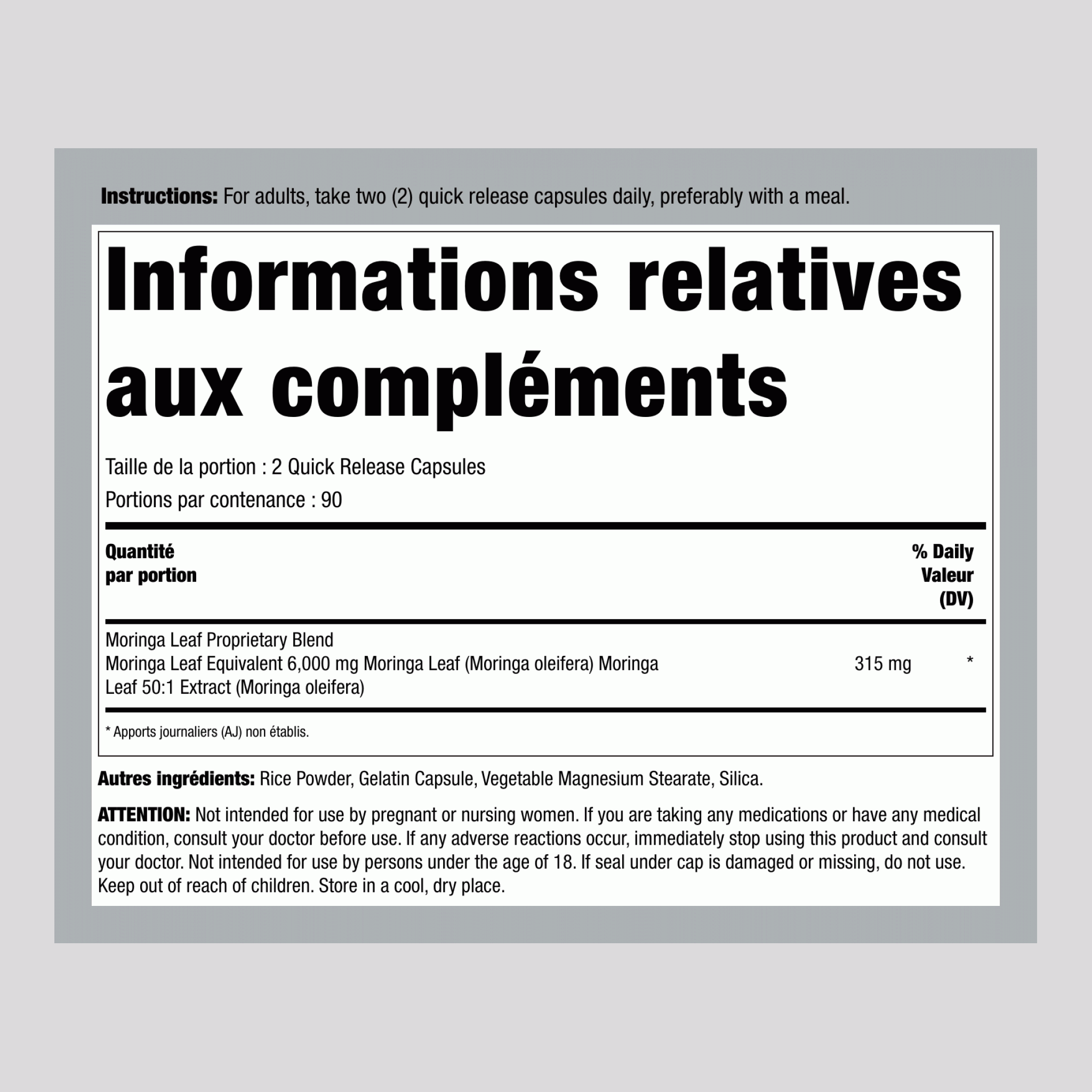 Moringa Oleifera, 6000 mg (par portion), 180 capsules à libération rapide