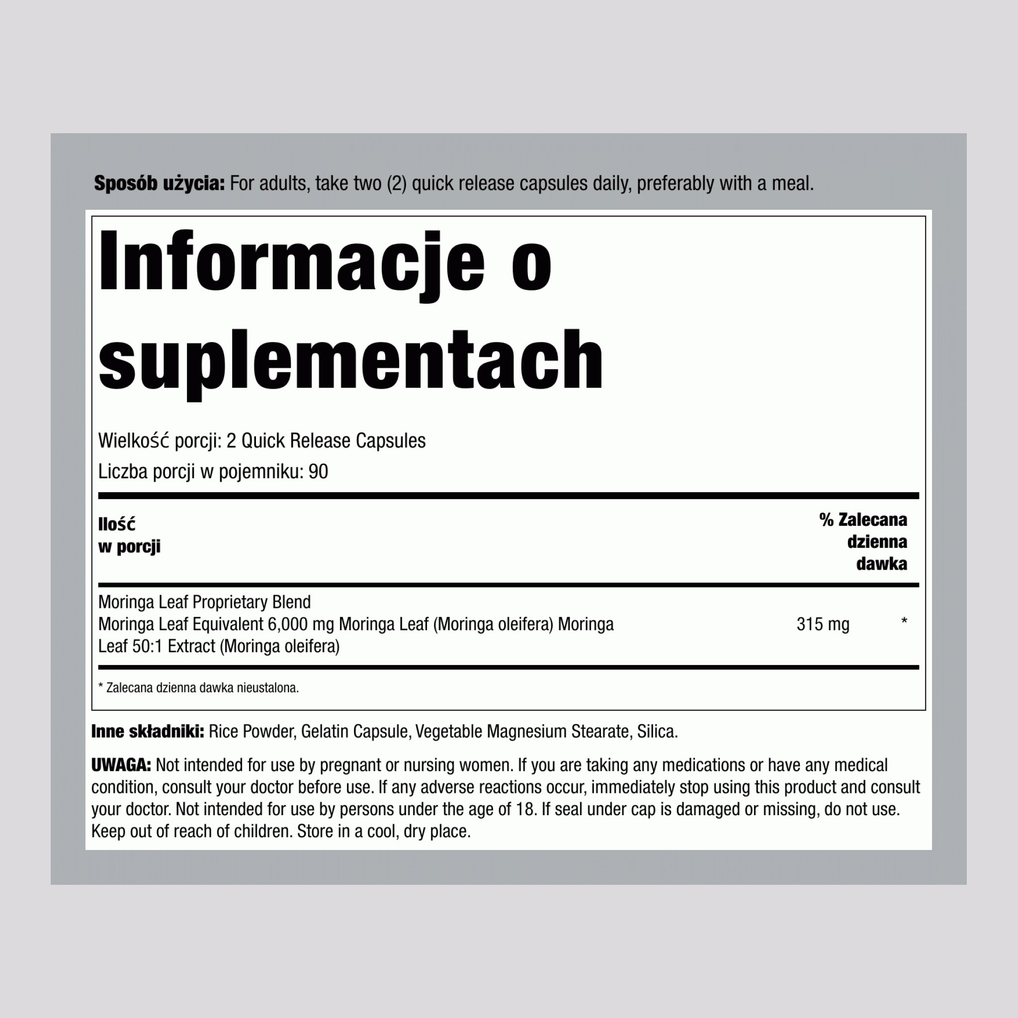 Moringa Oleifera, 6000 mg (na porcję), 180 kapsułek szybkiego uwalniania