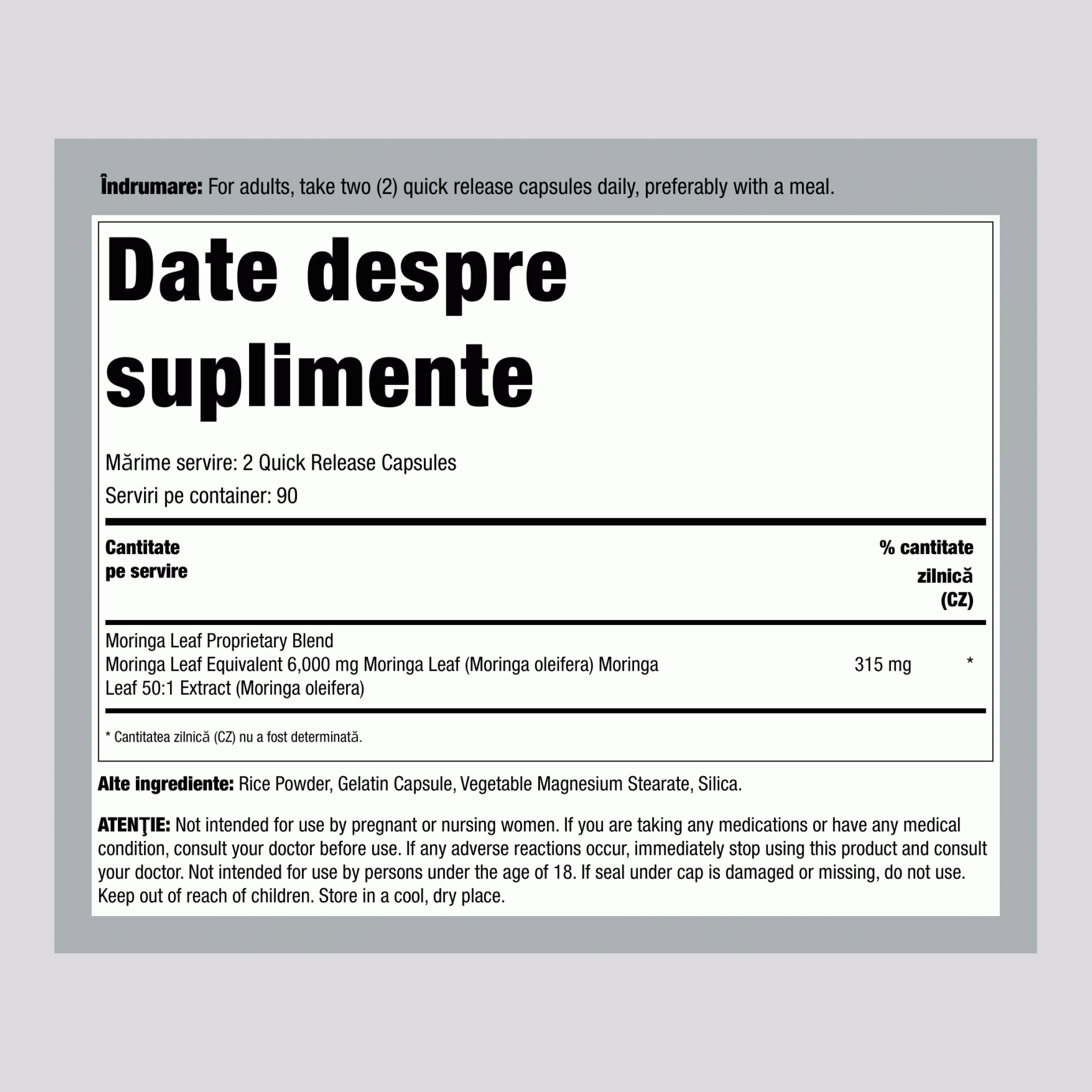 Moringa Oleifera, 6000 mg (per porție), 180 de capsule cu eliberare rapidă