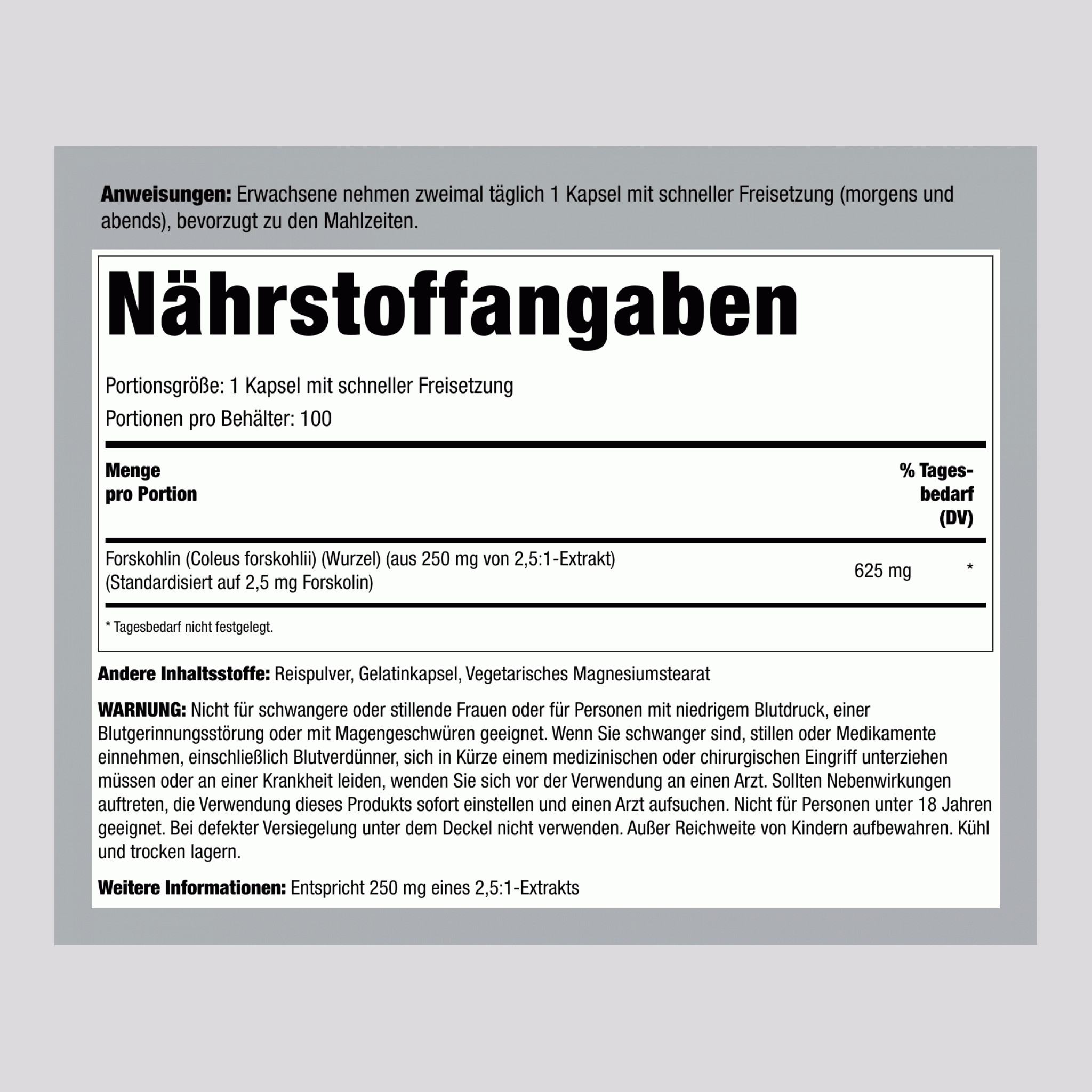 Forskohlii Coleus (Standardized Extract), 625 mg, 100 Quick Release Capsules