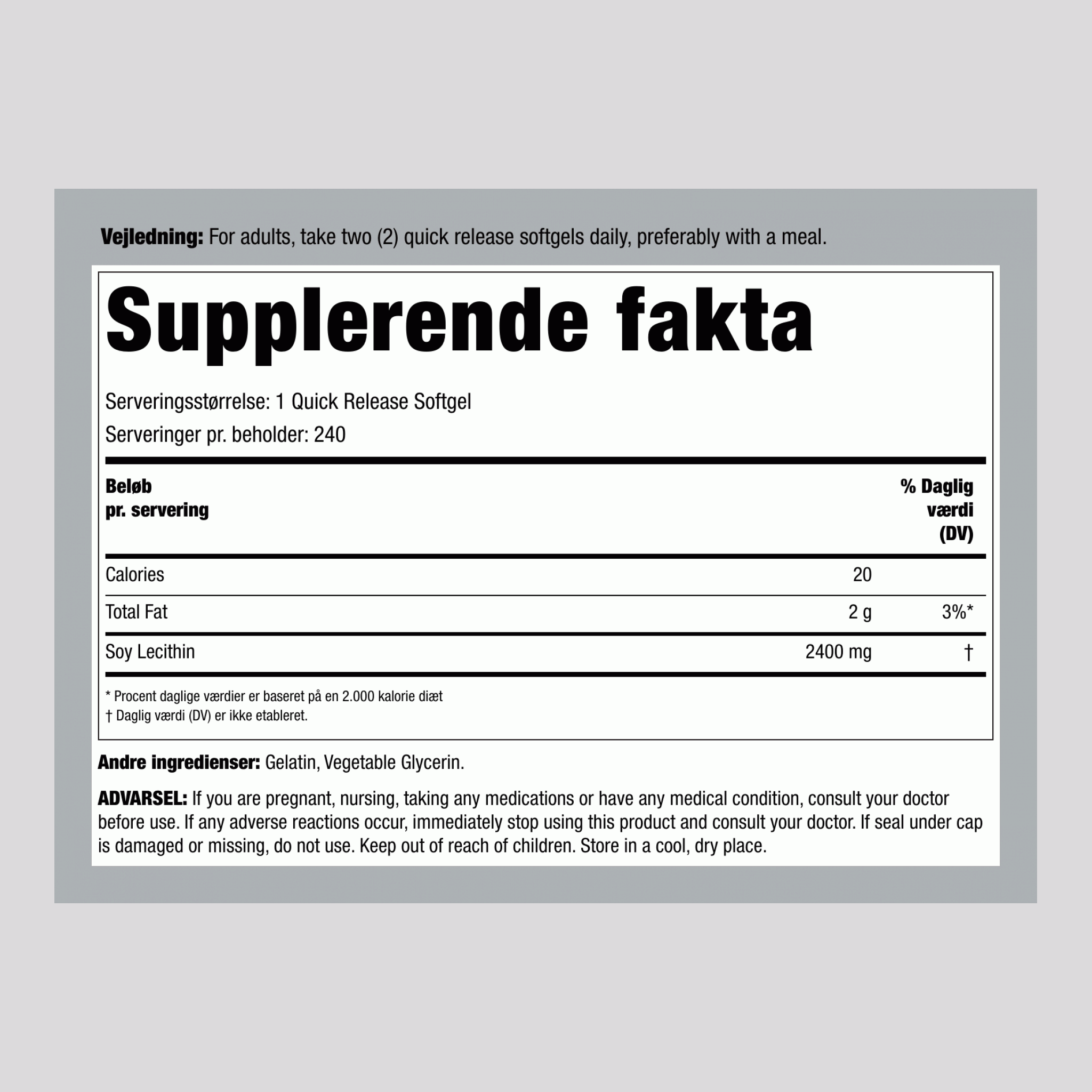 Lecithin - IKKE GMO, 2400 mg, 240 Hurtigudgivende Bløde Gelkapsler