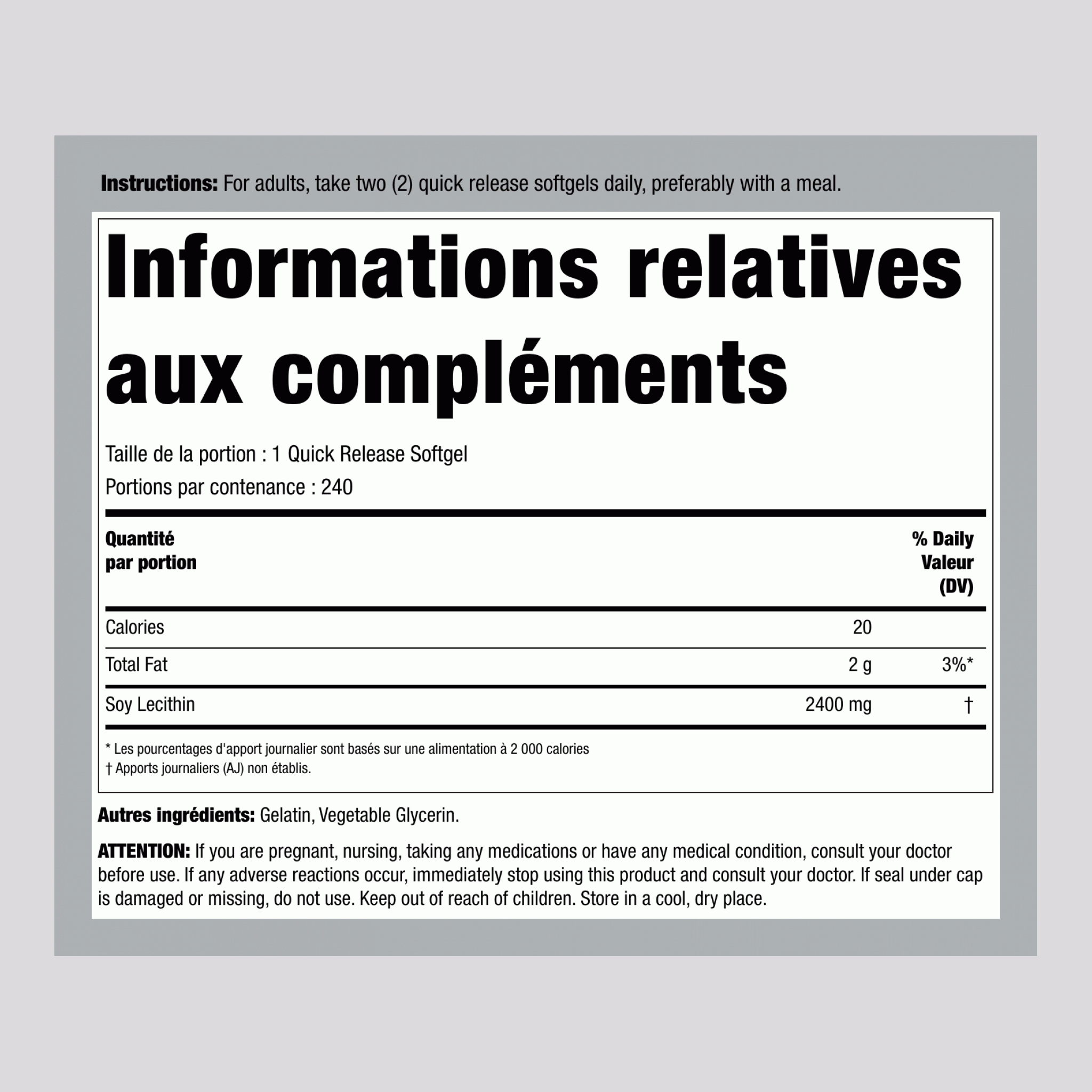 Lécithine - SANS OGM, 2400 mg, 240 gélules à libération rapide