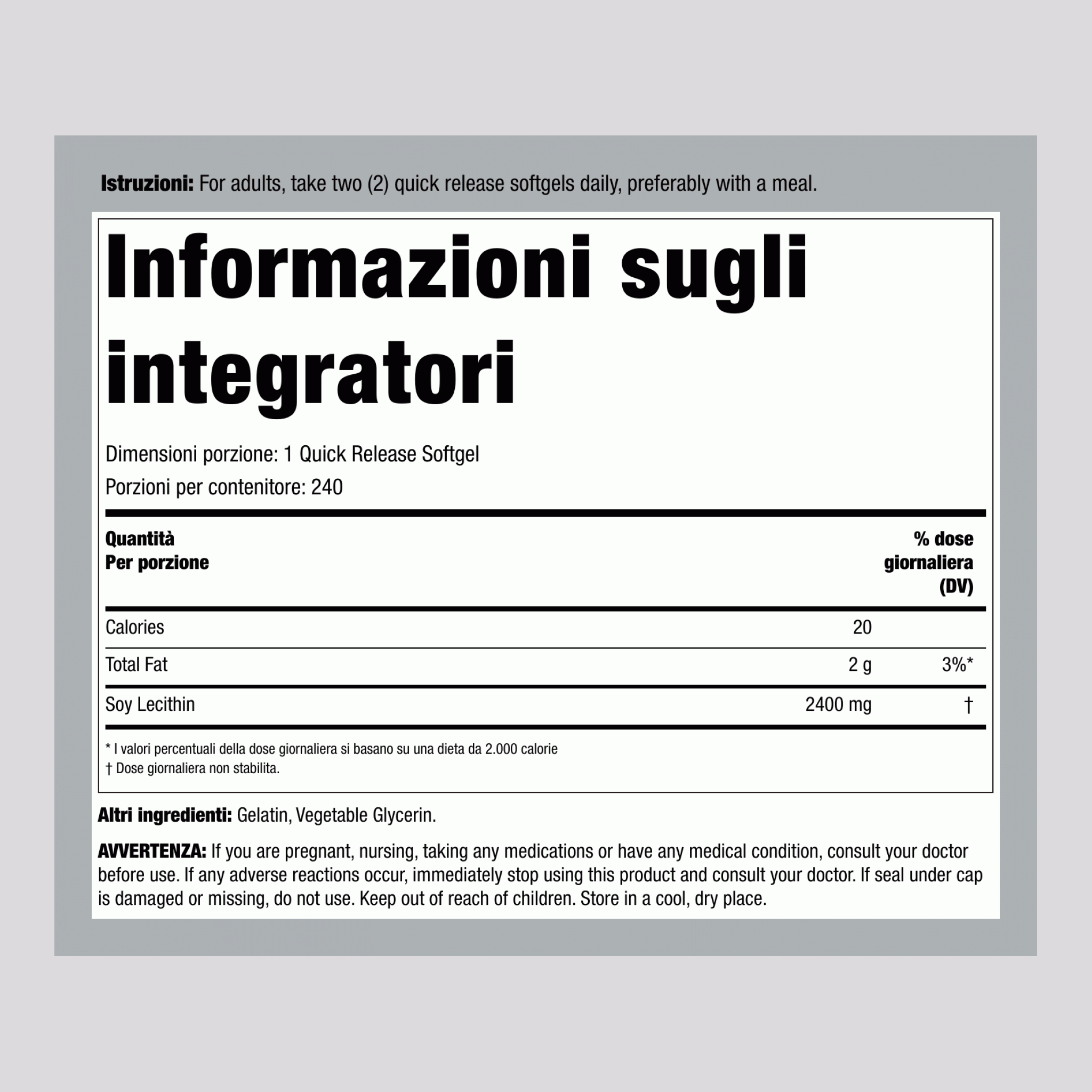 Lecitina - NON OGM, 2400 mg, 240 Softgel a Rilascio Rapido