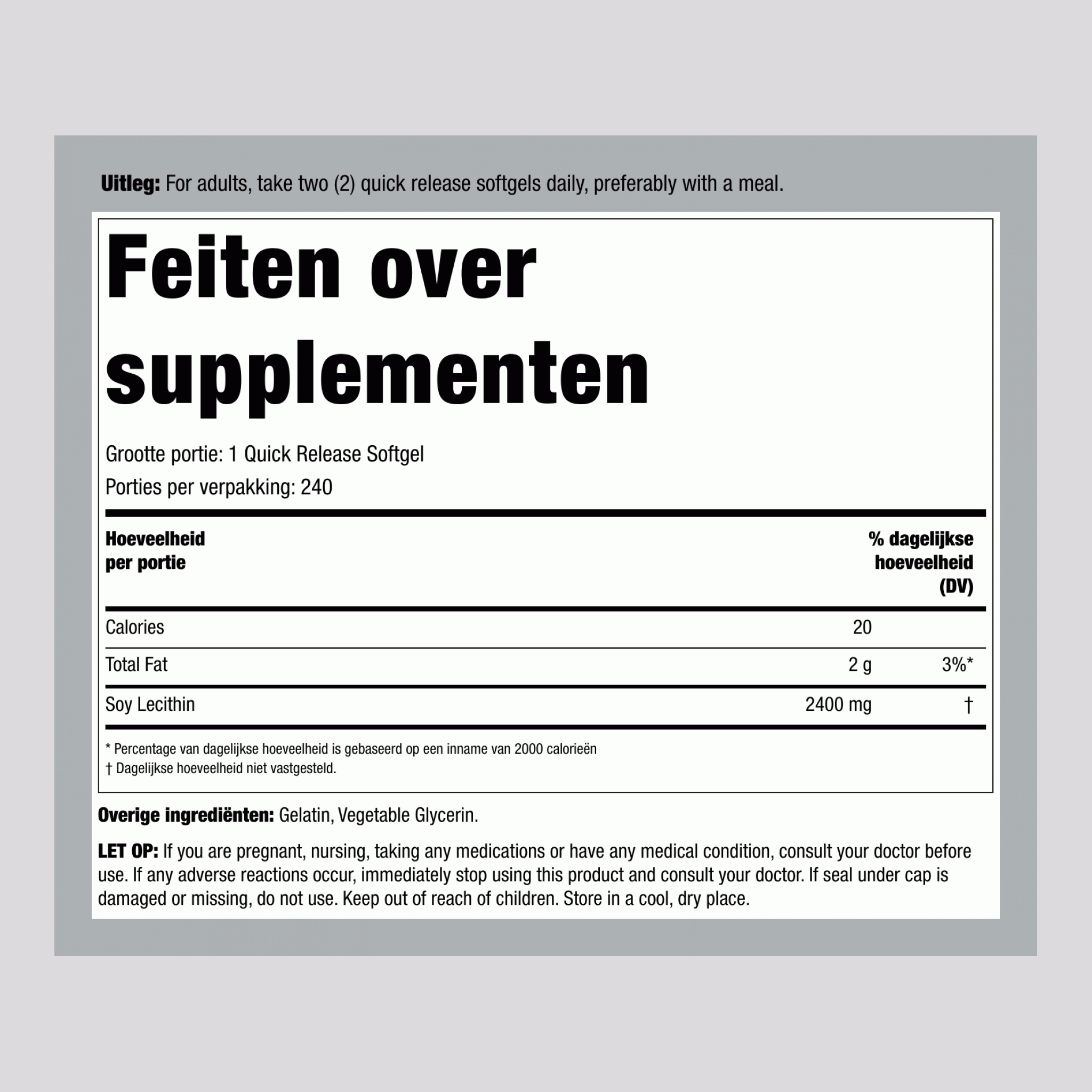 Lecithine - NON-GMO, 2400 mg, 240 snel afgevende softgels