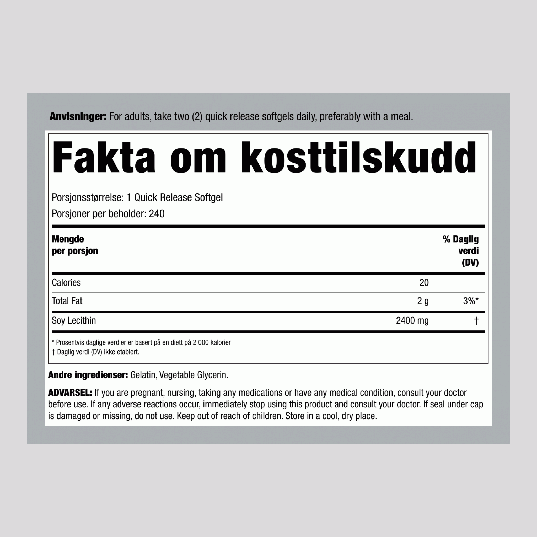 Lecithin - IKKE GMO, 2400 mg, 240 hurtigutløsende kapsler