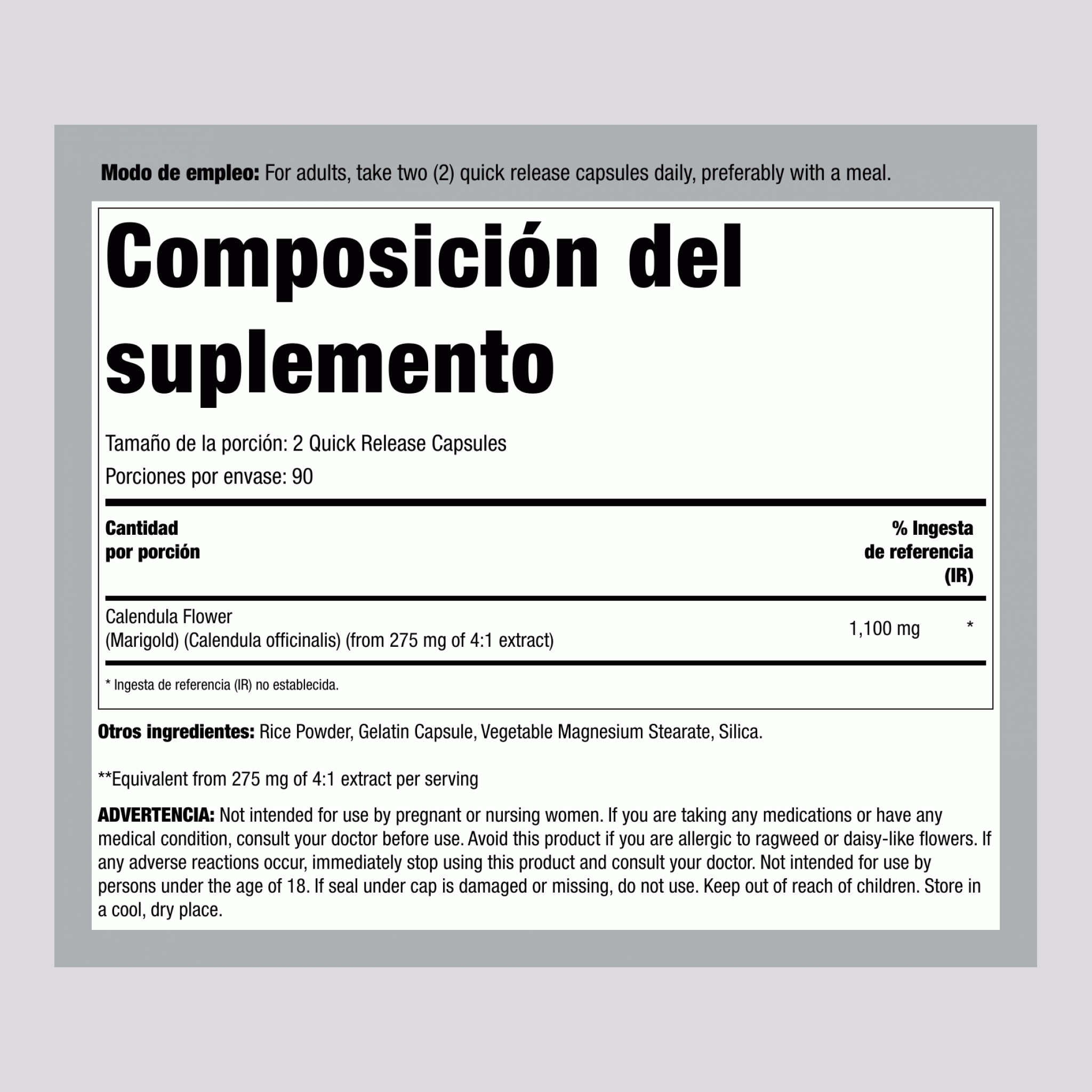 Flor de Caléndula (Maravilla), 1100 mg (por porción), 180 Cápsulas