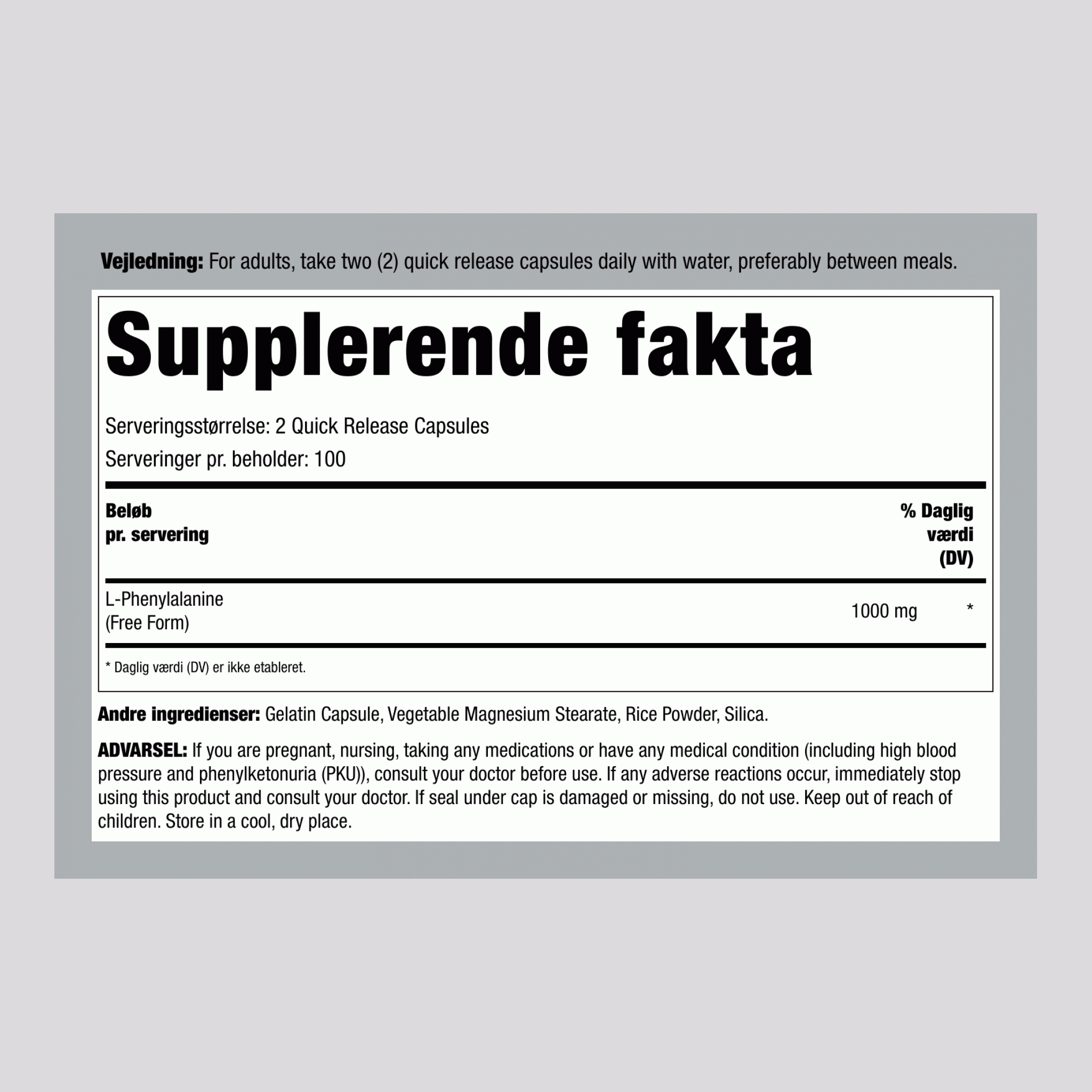 L-Fenylalanin, 1000 mg (pr. portion), 200 kapsler