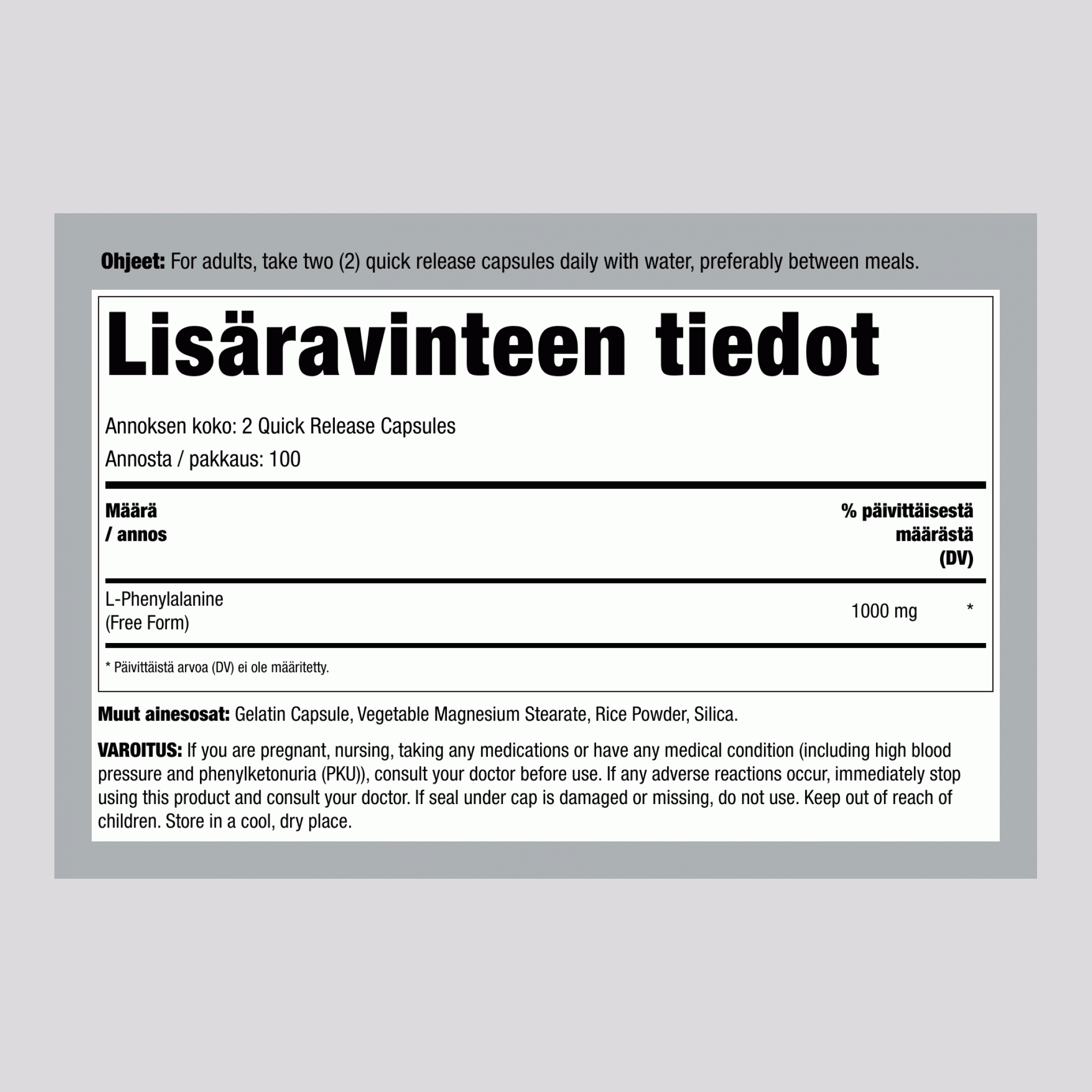 L-fenyylialaniini, 1000 mg (annosta kohden), 200 kapselia