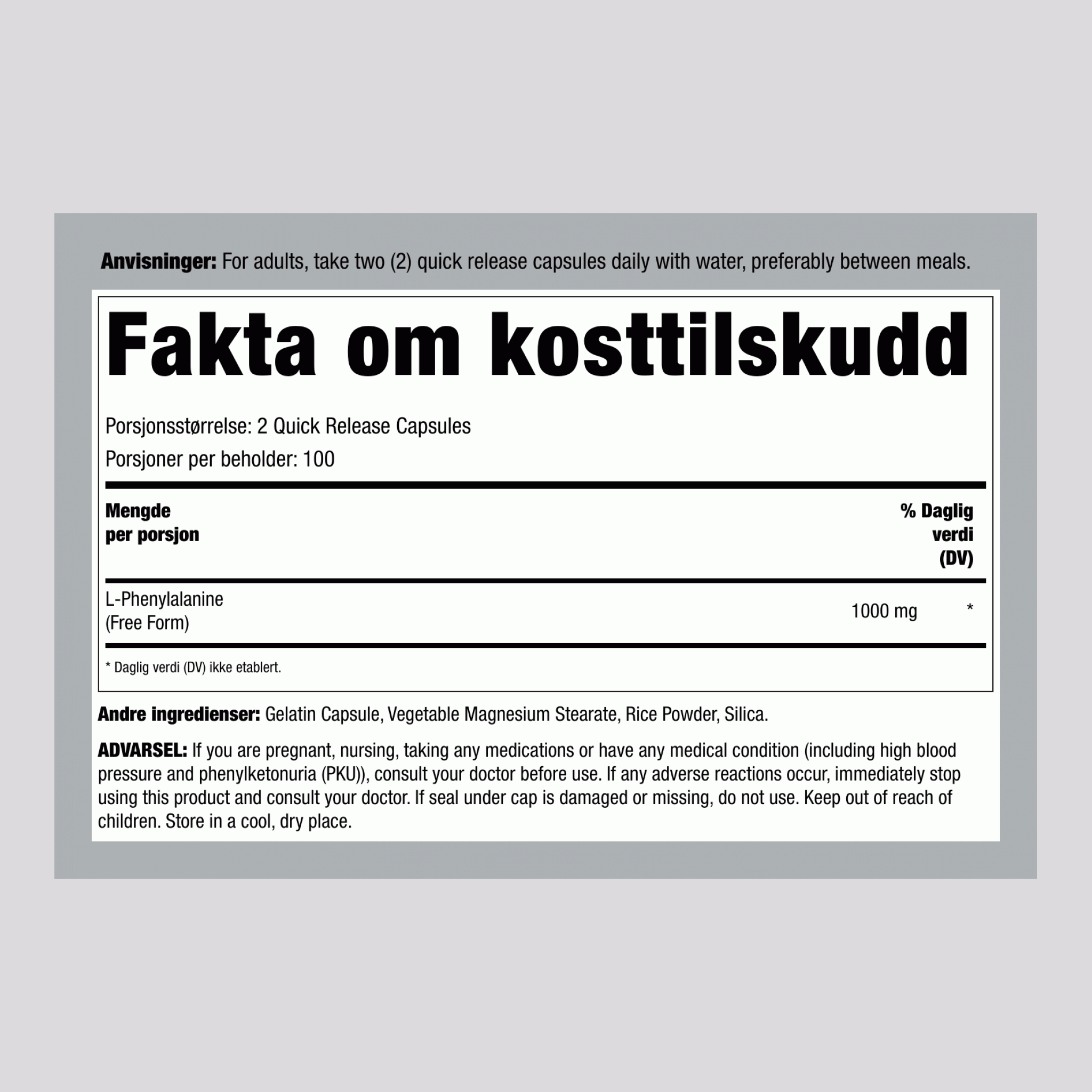 L-Fenylalanin, 1000 mg (per porsjon), 200 kapsler