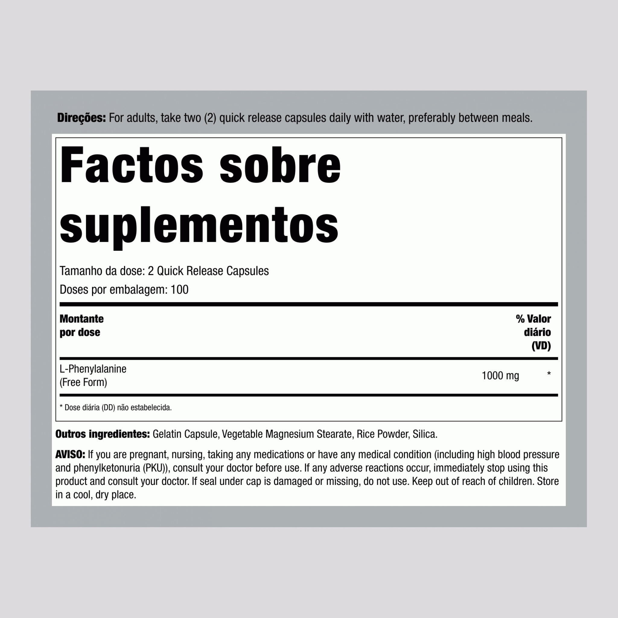 L-Fenilalanina, 1000 mg (por porção), 200 Cápsulas