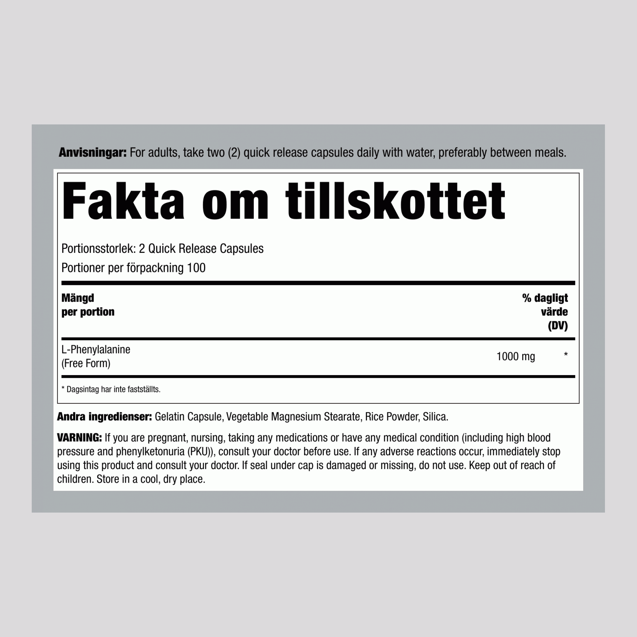 L-Fenylalanin, 1000 mg (per portion), 200 kapslar