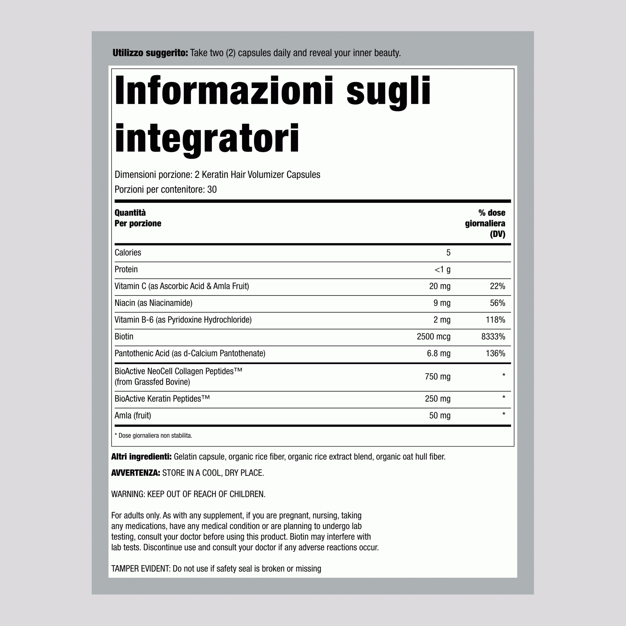 Volumizzante per Capelli alla Cheratina, 60 Capsule Vegetali