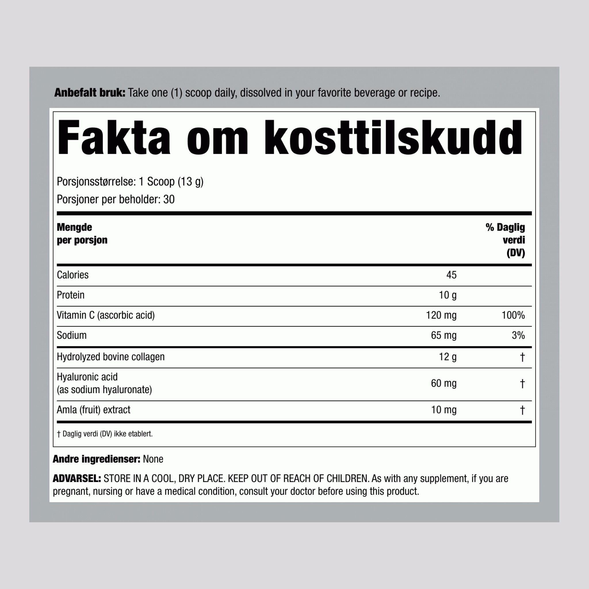 Avanserte Kollagenpeptider + Hyaluronsyre + C, 13,7 oz (390 g) Pulver